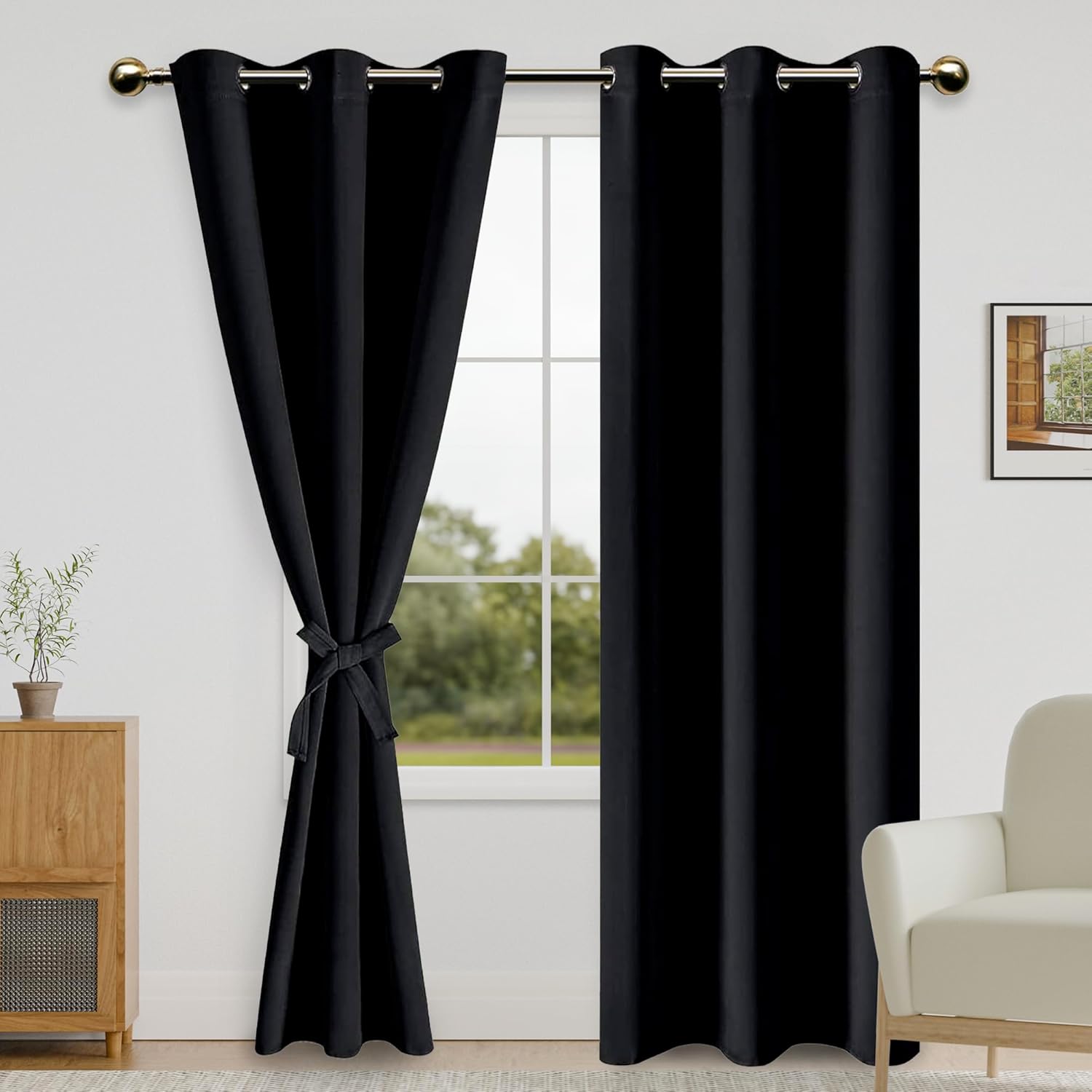 DWCN Black Blackout Curtains – Thermal Insulated Light Blocking Grommet Drapes with Tiebacks, Blackout Curtains for Bedroom Living Room, 42x84 Inch 2 Panels Window Treatments