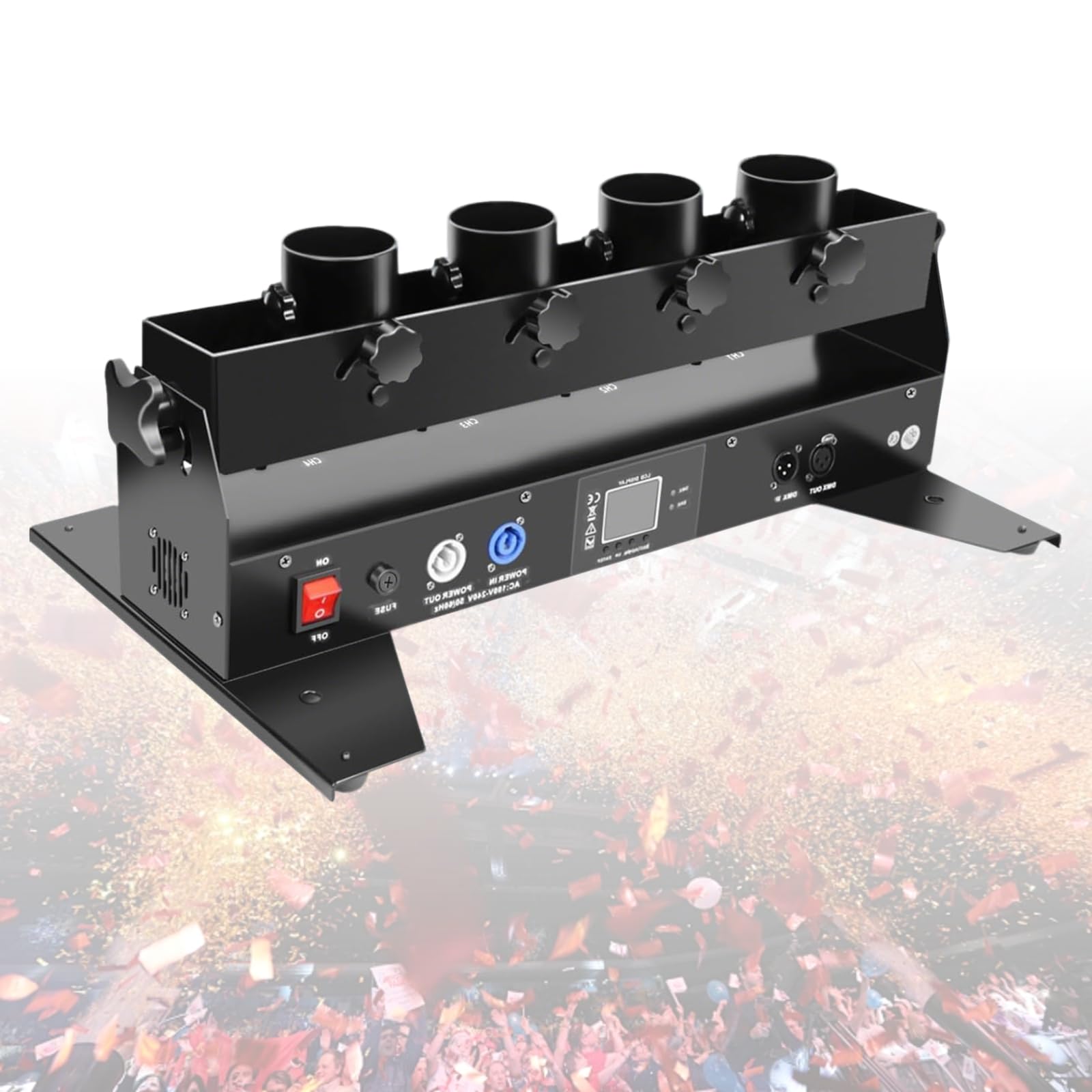 Czterogłowicowa wyrzutnia konfetti, profesjonalna maszyna do konfetti o mocy 150 W, sterownik DMX 512 z bezprzewodowym pilotem, odpowiednia na specjalne okazje i imprezy