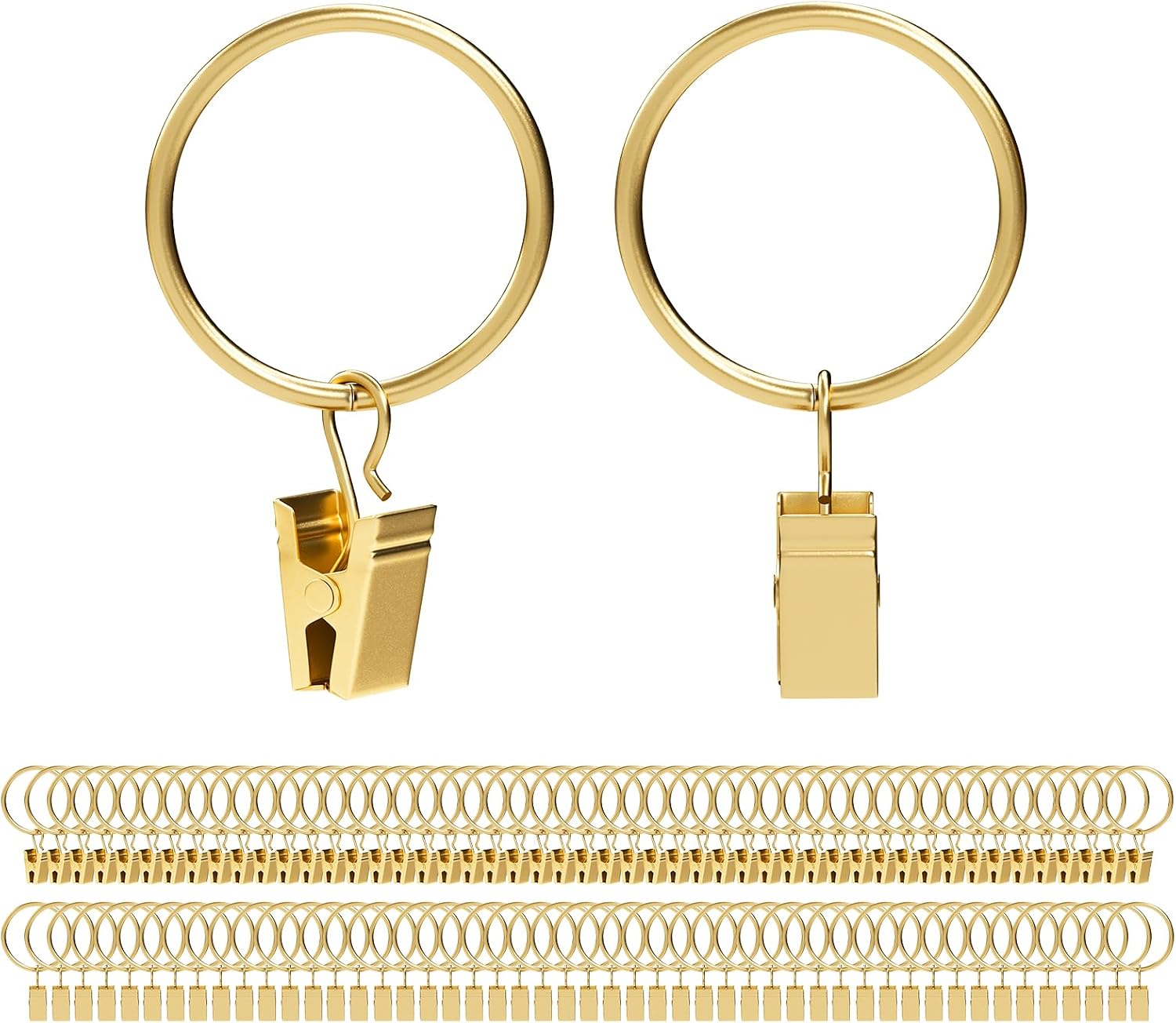 100 Pcs Gold Curtain Rings with Clips Fit for Up to 1.2 Inch Curtain Rod (Gold)