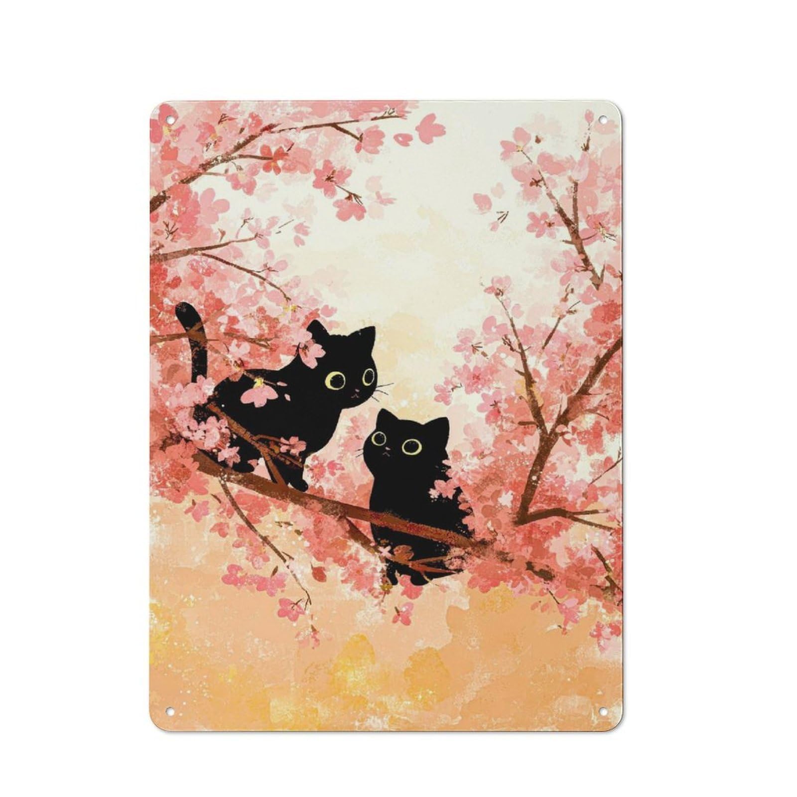 Junmoney Style-10 Classic Two Black Cats In Cherry Blossoms Metal Wall Plaque 40X30cm, Nostalgic Wall Art For Living Room, Hallway, Kitchen Or Cafe
