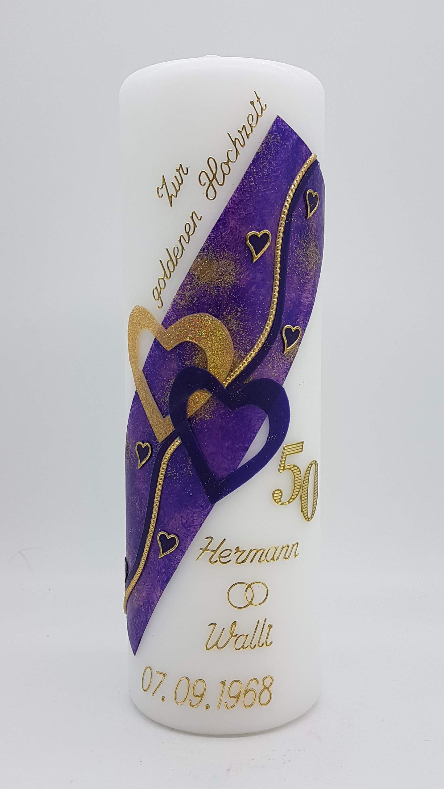 Kerze goldene Hochzeit mit Namen & Datum GH-28w in verschiedenen Farben HANDARBEIT Geschenkverpackung/Kerzenständer optional