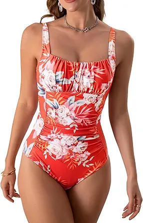 Eomenie Women's One Piece Tummy Control Swimsuits Slimming Bathing Suit Support Full Coverage Square Neck Swimwear
