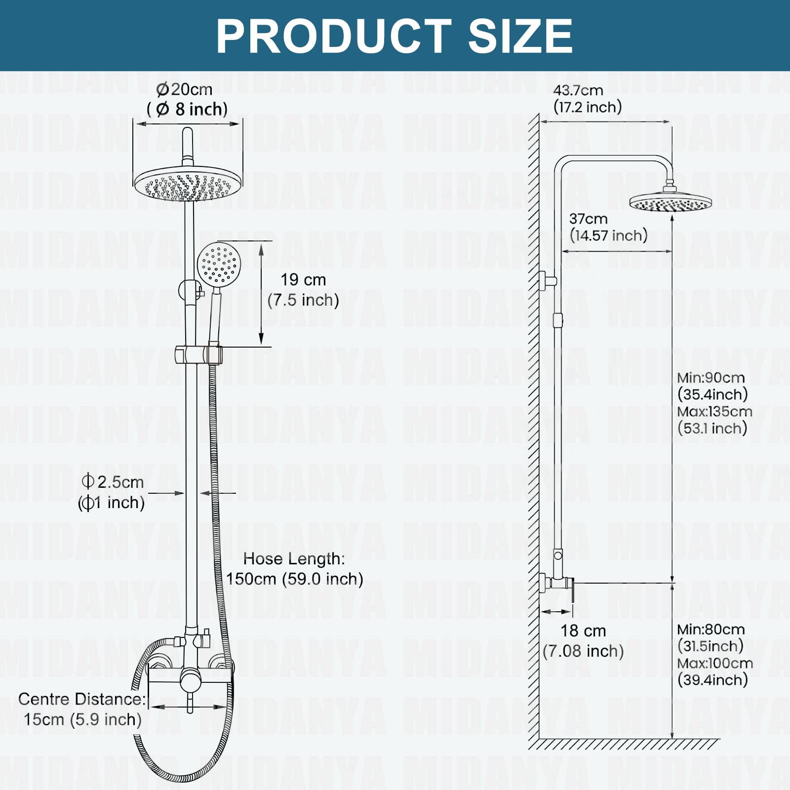Système de Douche Pommeau de Douche en Nickel brossé, Ensemble de luminaires extérieurs, Robinet Mural à Effet Pluie en Acier Inoxydable SUS304 de 8 Pouces avec douchette Ronde, ba