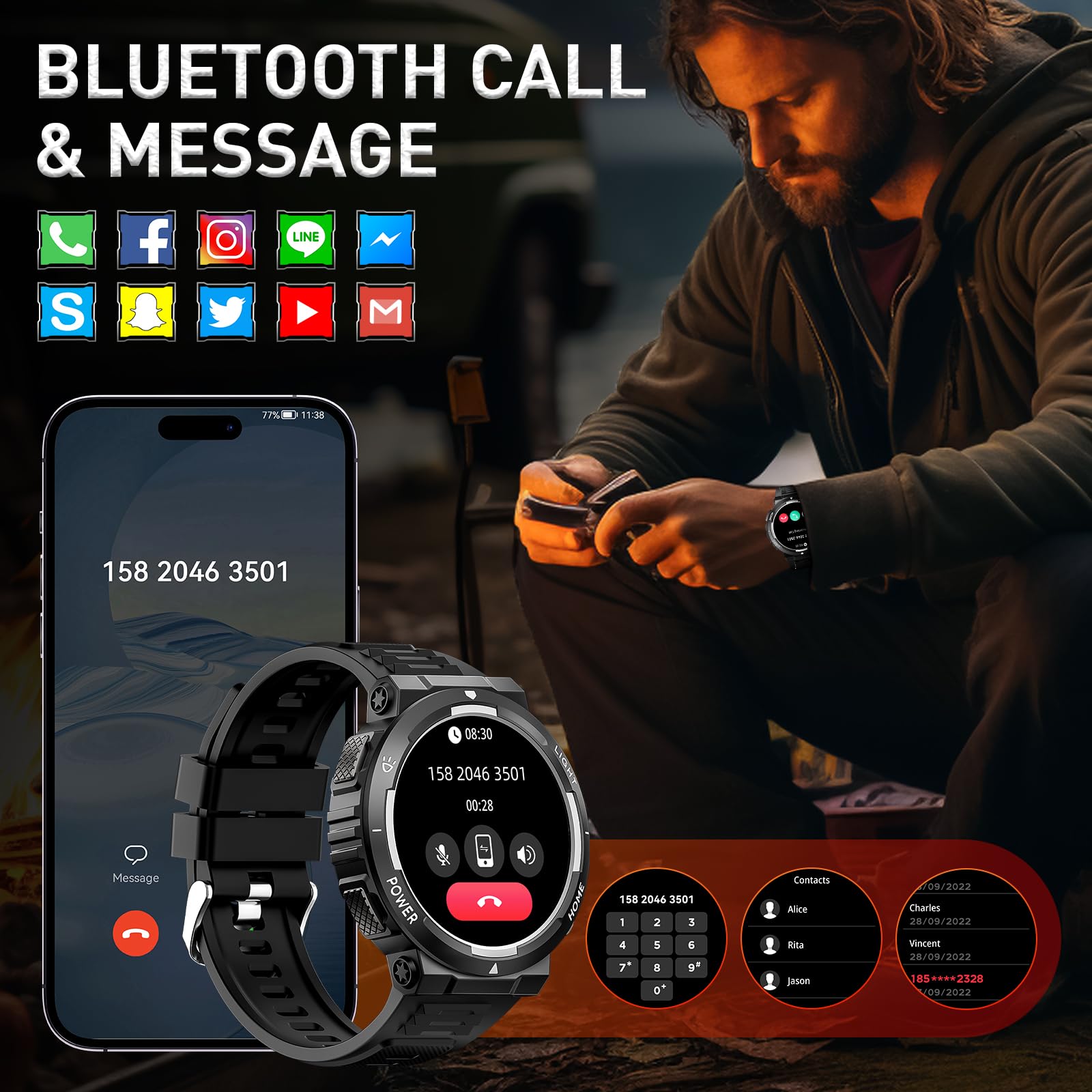 Montre intelligente militaire pour homme (répondre/passer des appels) avec lampe de poche LED étanche 3 ATM avec plus de 100 modes de sport Tracker d'activité 3,9 cm avec moniteur de fréquence