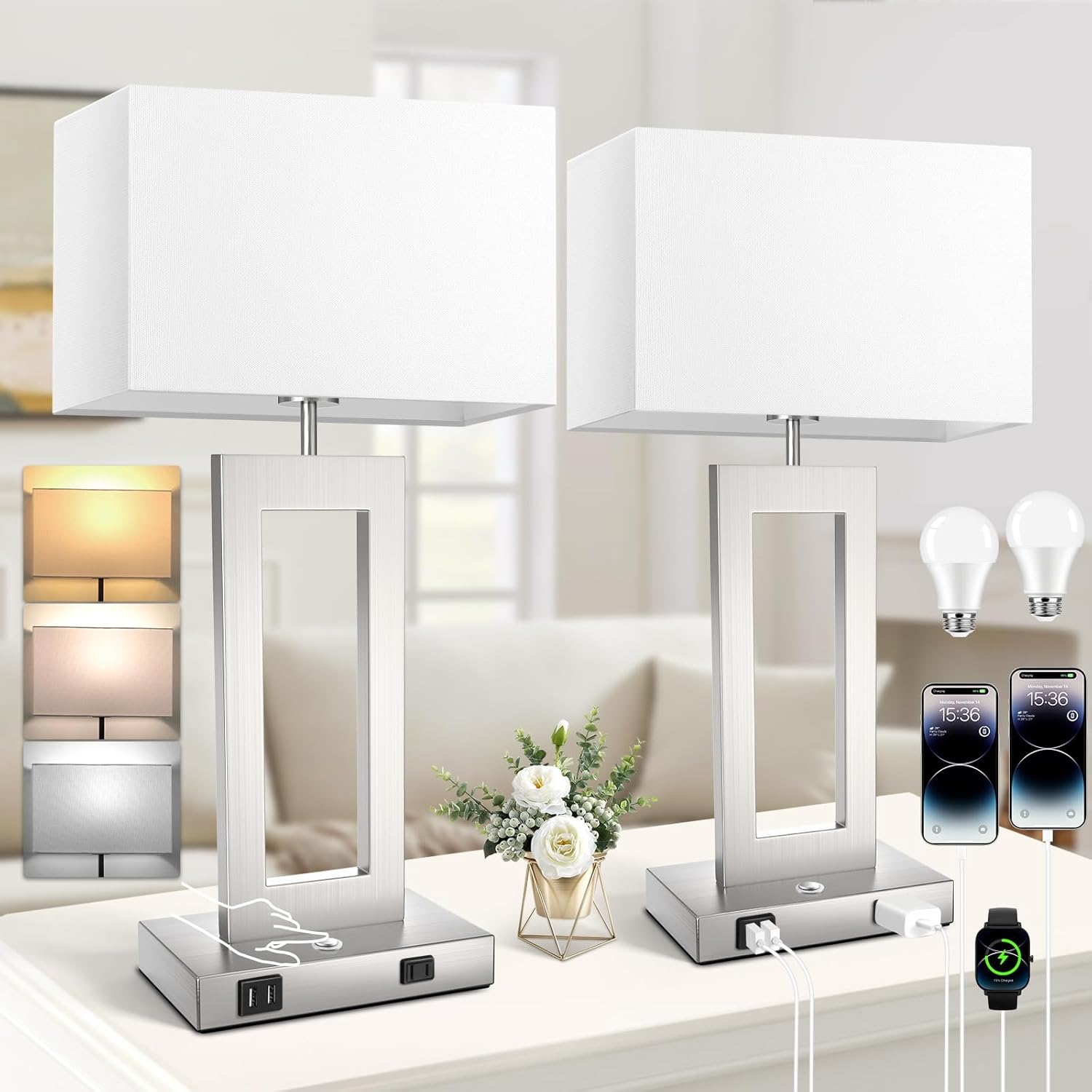 22’’ Touch Control Table Lamps Set of 2, 3 Color Temperatures Bedroom Bedside Lamps, Modern Silver Dimmable Lamps with USB Ports & AC Outlet, Tall Living Room Lamps for Nightstand End Table, 2 Bulbs Silver Large