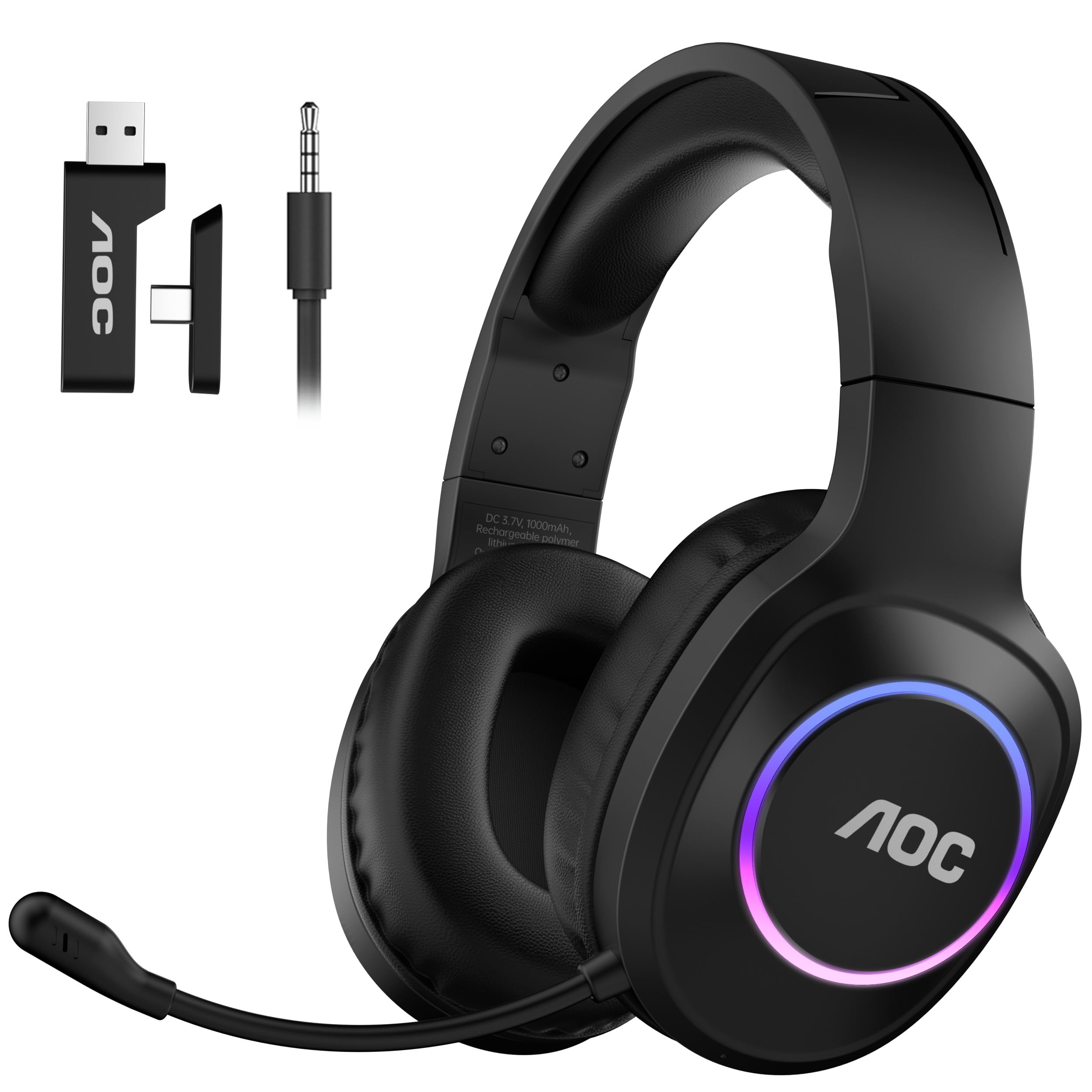 AOC Gaming Headset kabellos 2,4 GHz Wireless Bluetooth 5.4 7.1 Surround Sound Noise Cancelling Mikrofon 239 g 45 Std. Akku