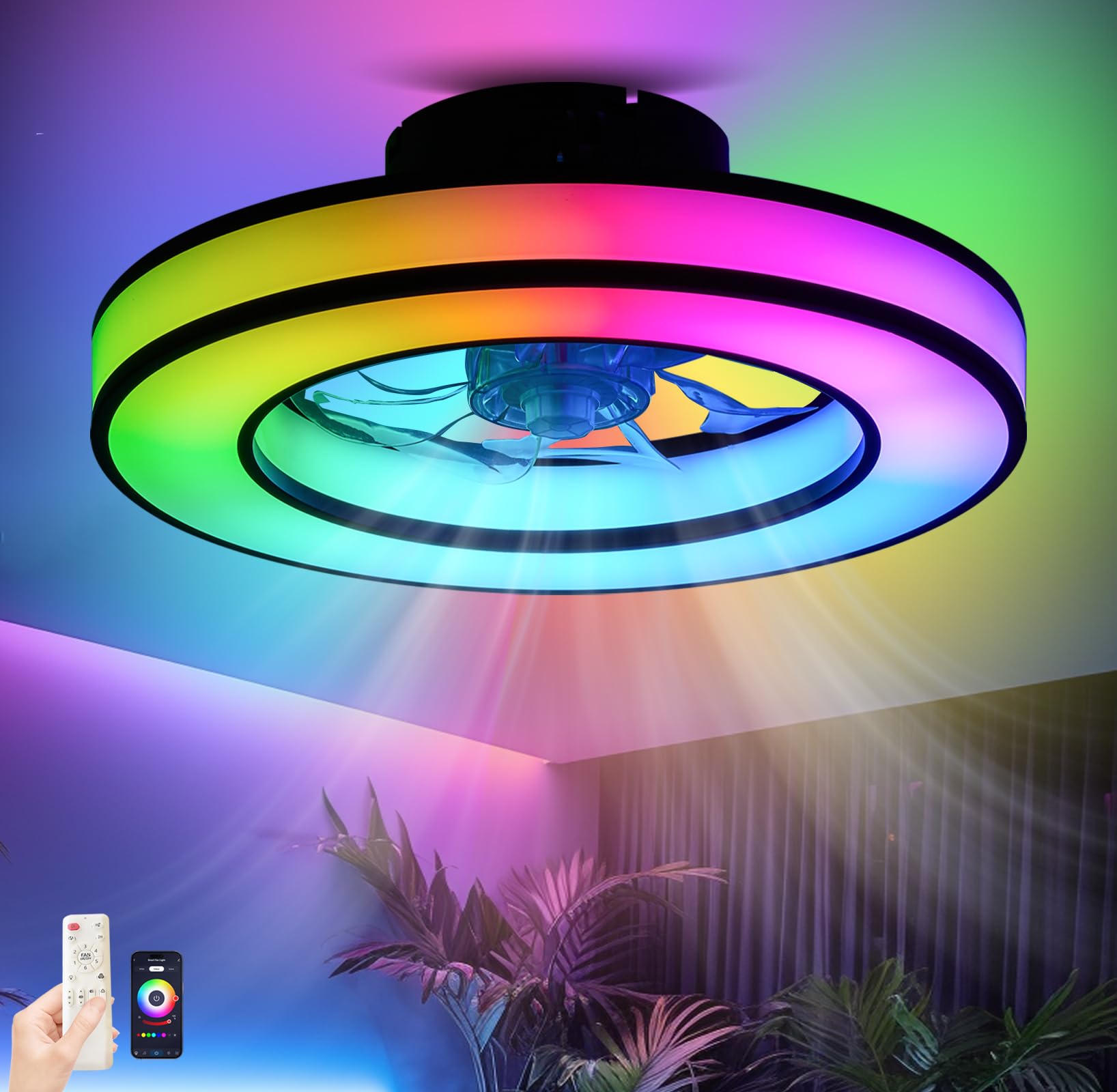 SXDMOUBK 45cm Round Ceiling Fans with Lights,Silent,Reversible,Fan Lights Ceiling for Bedroom,6 Speeds,RGB Ceiling Fan,Timer with Remote Control,Reversible Memory,Dimmable,Playrooms Children's Rooms