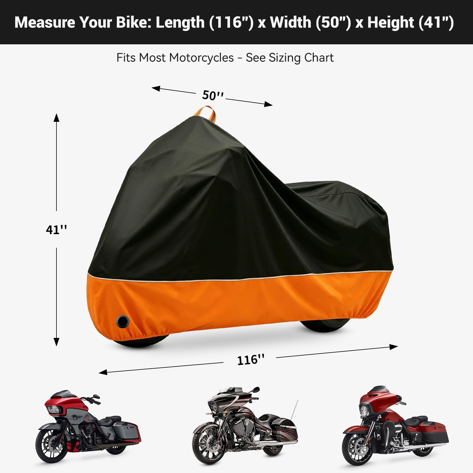Funda Impermeable para Motocicleta Harley Davison, Honda, Suzuki, Kawasaki, Yamaha y más (tamaño XL) para Todas Las Estaciones, Color Negro y Naranja