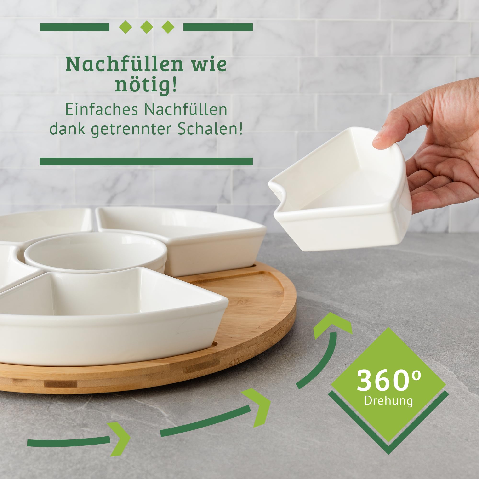 Snackteller mit Fächern Lazy Susan (33 cm), Drehbare Servierplatte Aus Keramik, Snackplatte, Servierschalen Set, Dipschalen Set, Snackschalen, Antipasti Servierplatte