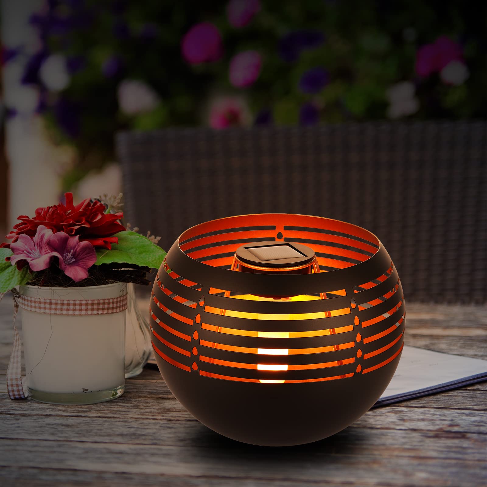 Solar Outdoor Table Lantern Flickering Flame Light Metal Pot with Warm Yellow Dancing Flicker Garden Decor LED Tabletop Lamp Waterproof Decorative for Garden, Landscape, Patio,Yard, Pathway (Candel)