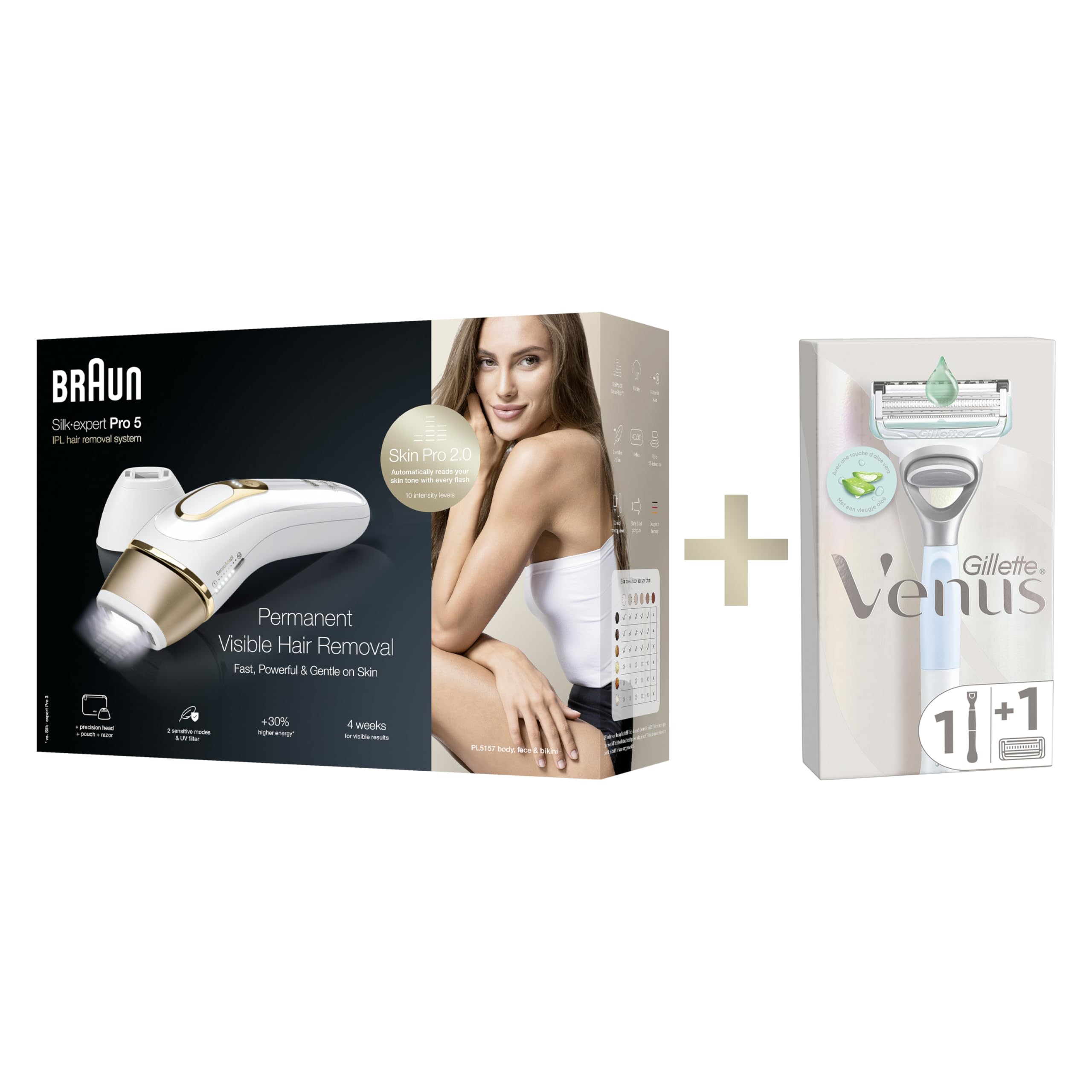 Braun IPL Silk Expert Pro 5 Haarentfernung Gerät PL5157 Weiß/Gold inkl. Etui, 2 Venus Rasierer, 2 Aufsätze