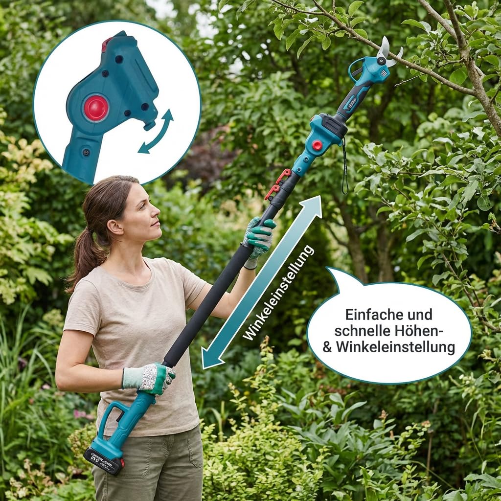 21V Akku Gartenheckenschere mit Teleskopstange, 40mm Schnittstärke, 2-in-1 Gerät mit 2 Akkus für Obstbäume, Hecken und Gartenpflege