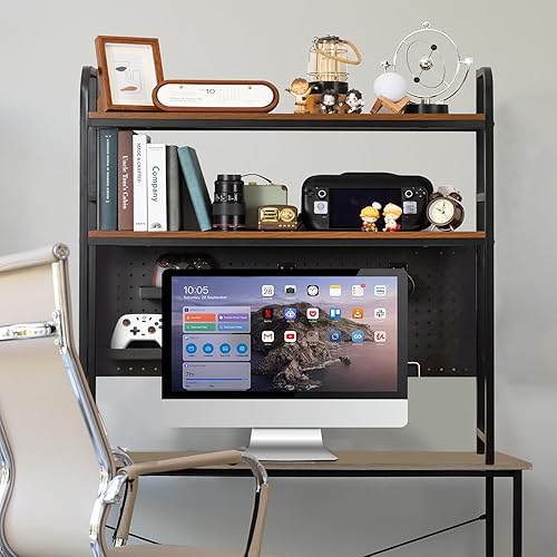 Miniatura 7 de deli Estantería de escritorio, estante de escritorio de metal con ganchos para tablero de clavijas, estante de exhibición de 2 niveles, organizador