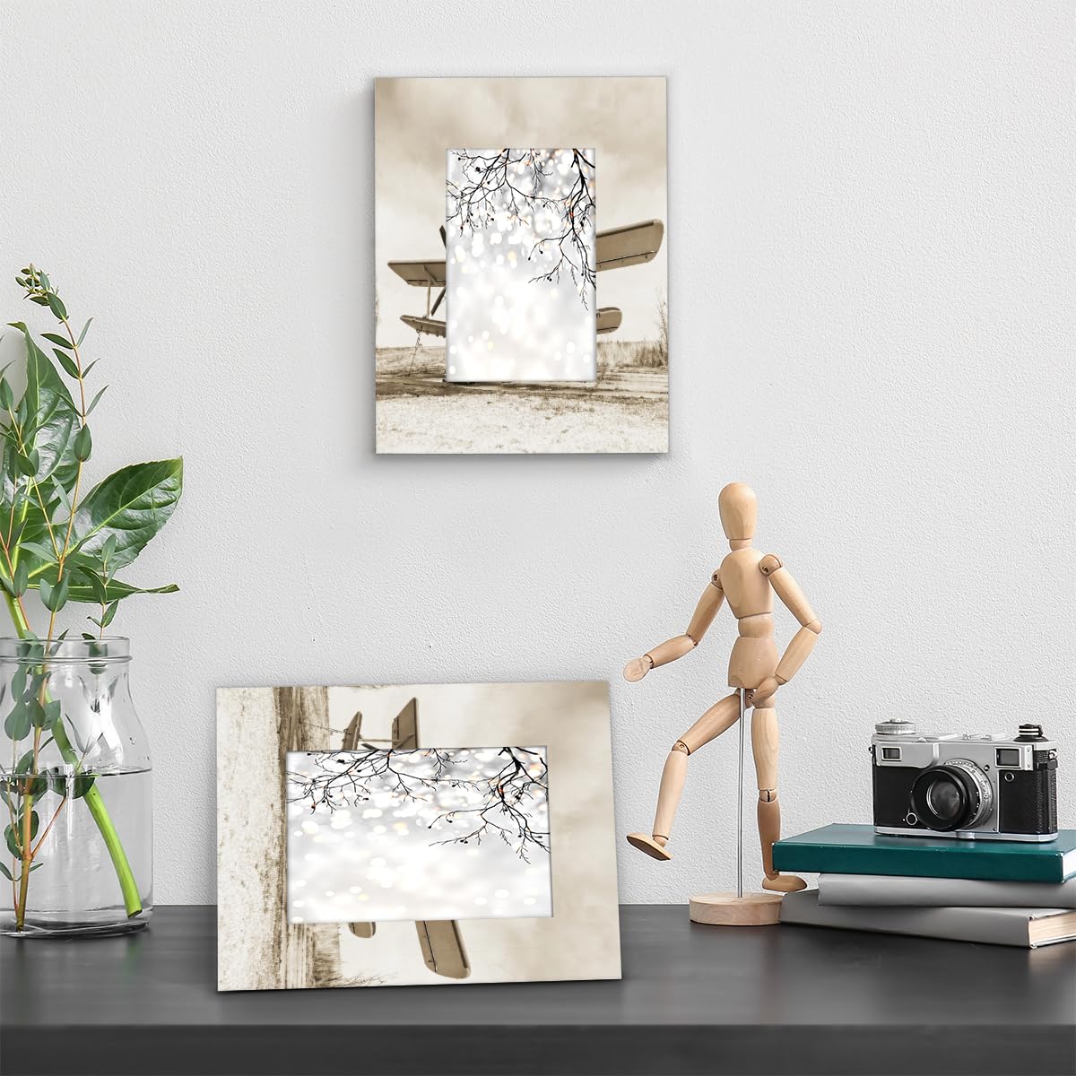 Airplain Cornice Portafoto In Legno – 10x15 Cm (4x6") – Con Cavalletto E Gancio Da Parete – Vetro Acrilico Antigraffio – Per Casa E Ufficio