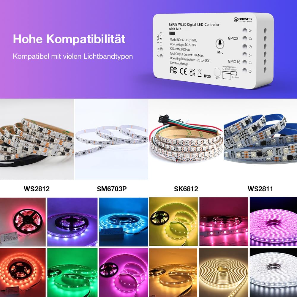 WLED Addressable Strip Controller ESP32 serwer sieciowy do sterowania NeoPixel (WS2812B, WS2811, SK6812) LED lub chipsetów opartych na SPI 5-24 V WiFi Smart LED instalacja domowa ESP32