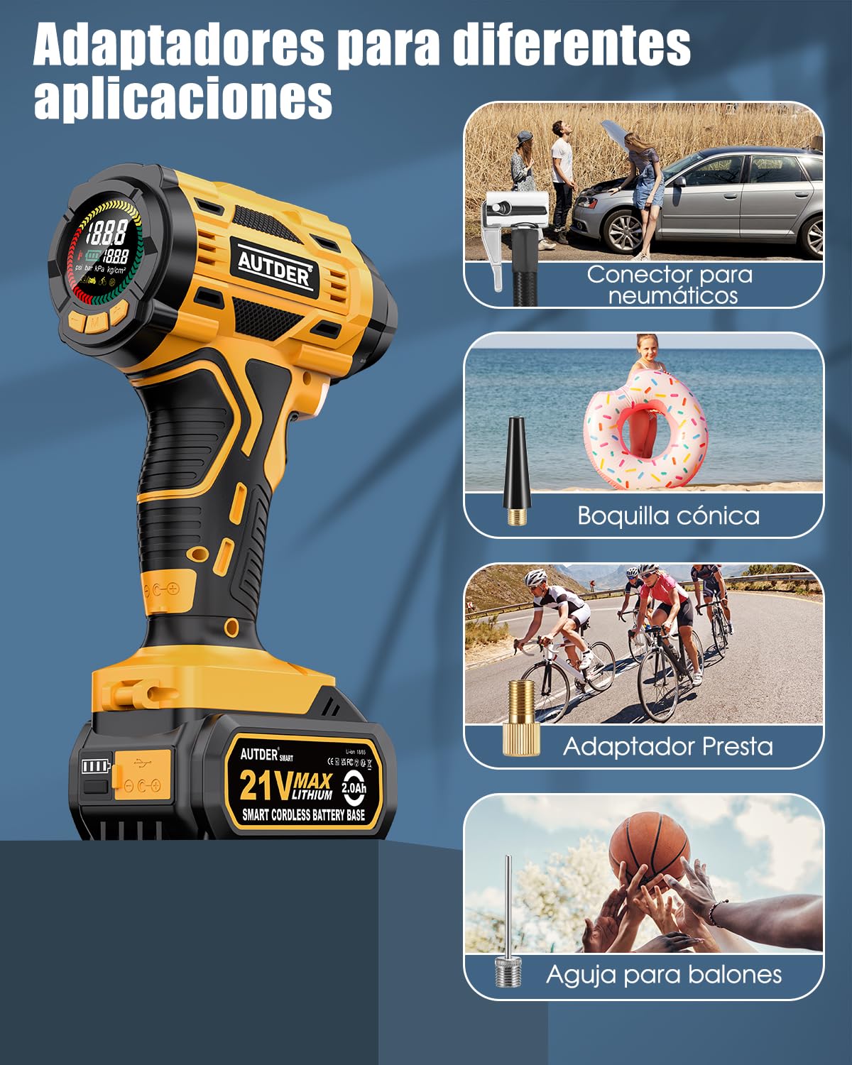 AUTDER Inflador de Neumáticos Portátil 180 PSI, Compresor de Aire Inalámbrico con Batería Extraíble de 21V y Cable de Alimentación para Coche 12V, Apagado Automático, Pantalla LCD, Luz LED para Coche