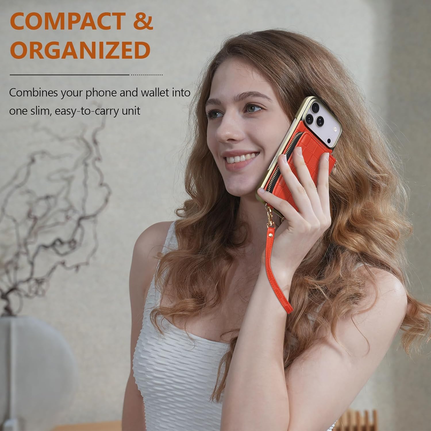 Keallce for iPhone 17 Pro Max 6.9'' Wallet Case - Crossbody Wrist Strap, 4 Card Slots RFID Blocking, Kickstand Electroplated Flip Leather Cover, Orange