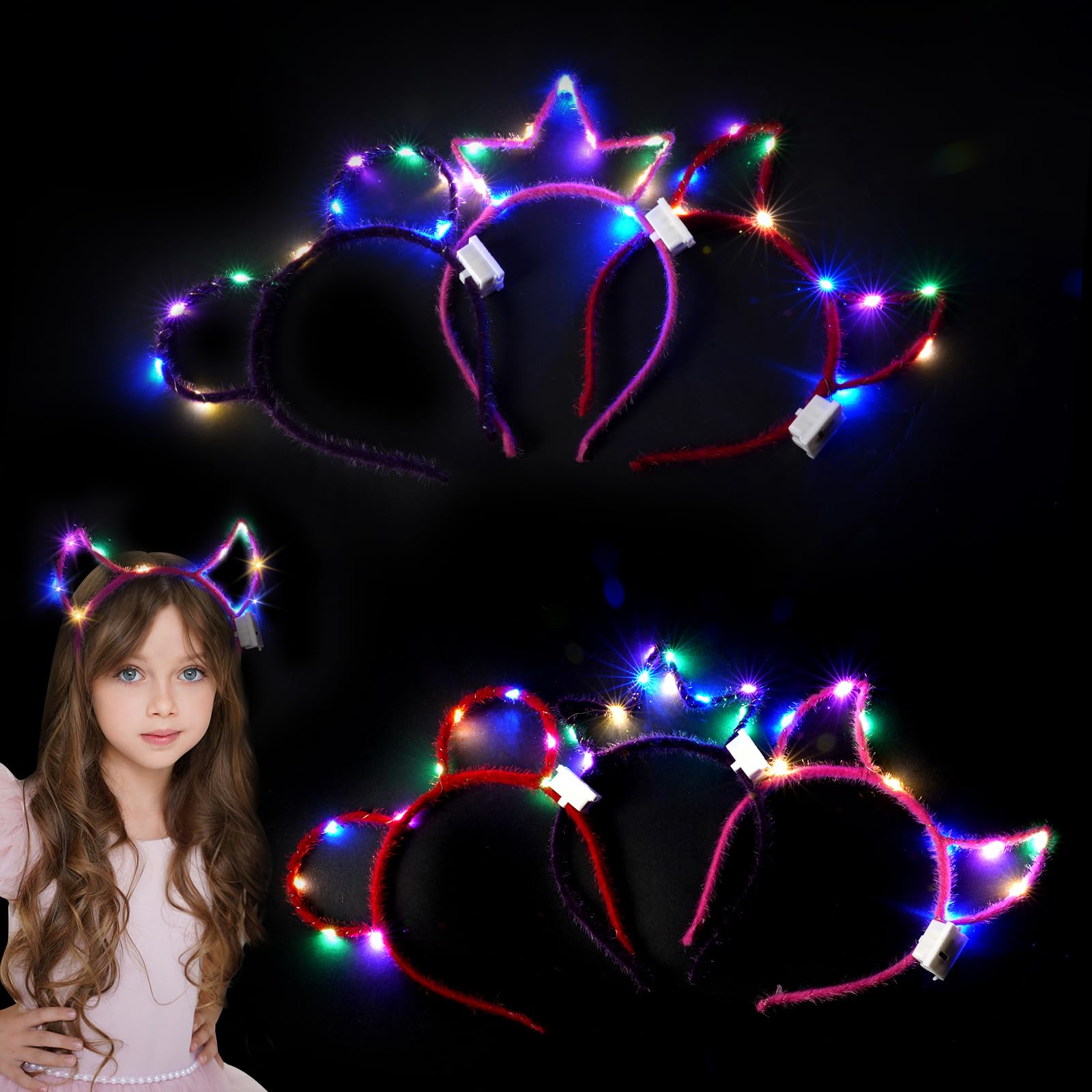 AYBUY 14 Pcs LED Glow Hairbands, Light Up Cat Ear Headband, Luminous Rabbit Ear Headbands, Glowing Hair Hoops, Glowing Girls Headdress for Halloween Cosplay Christmas