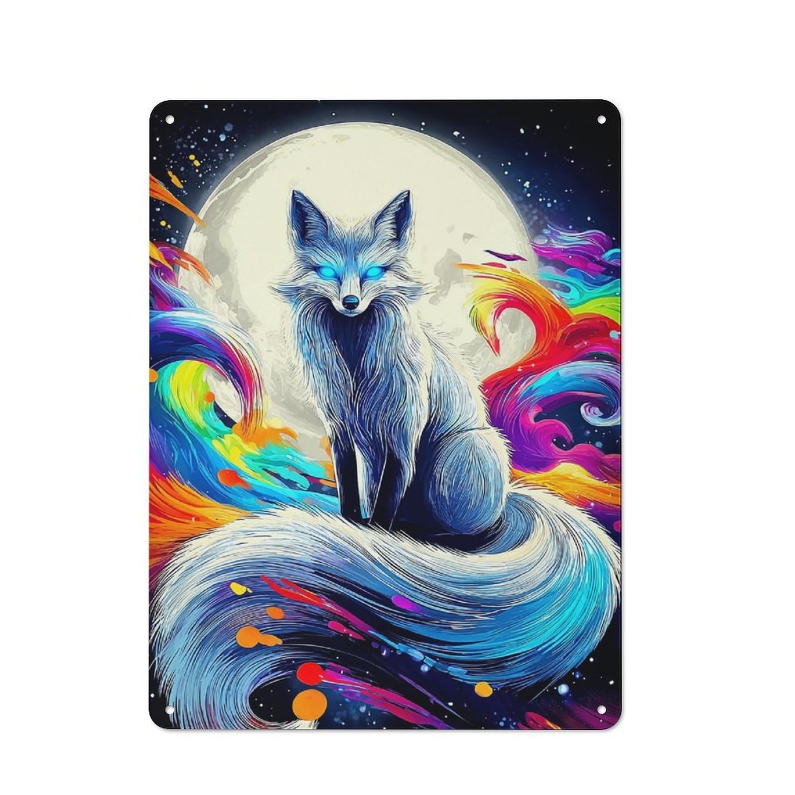 Junmoney Rainbow Fox Moonlit Fantasy Industrial Metal Sign 40X30cm, Clean Industrial Loft Wall Plaque For Modern Home, Workshop, Office Or Cafe