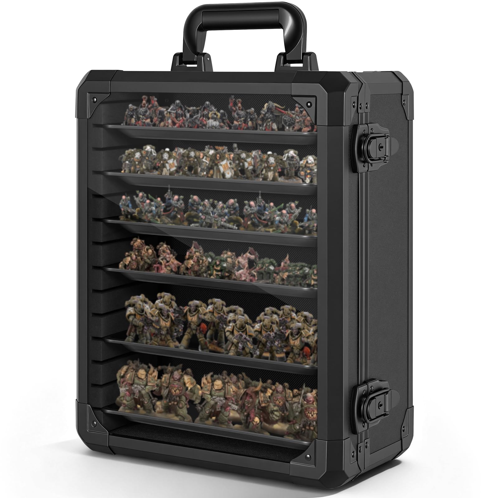 Custodia per il trasporto di miniature con serratura, 6 vassoi magnetici in metallo e telaio in lega di alluminio, colore nero, di piccole dimensioni
