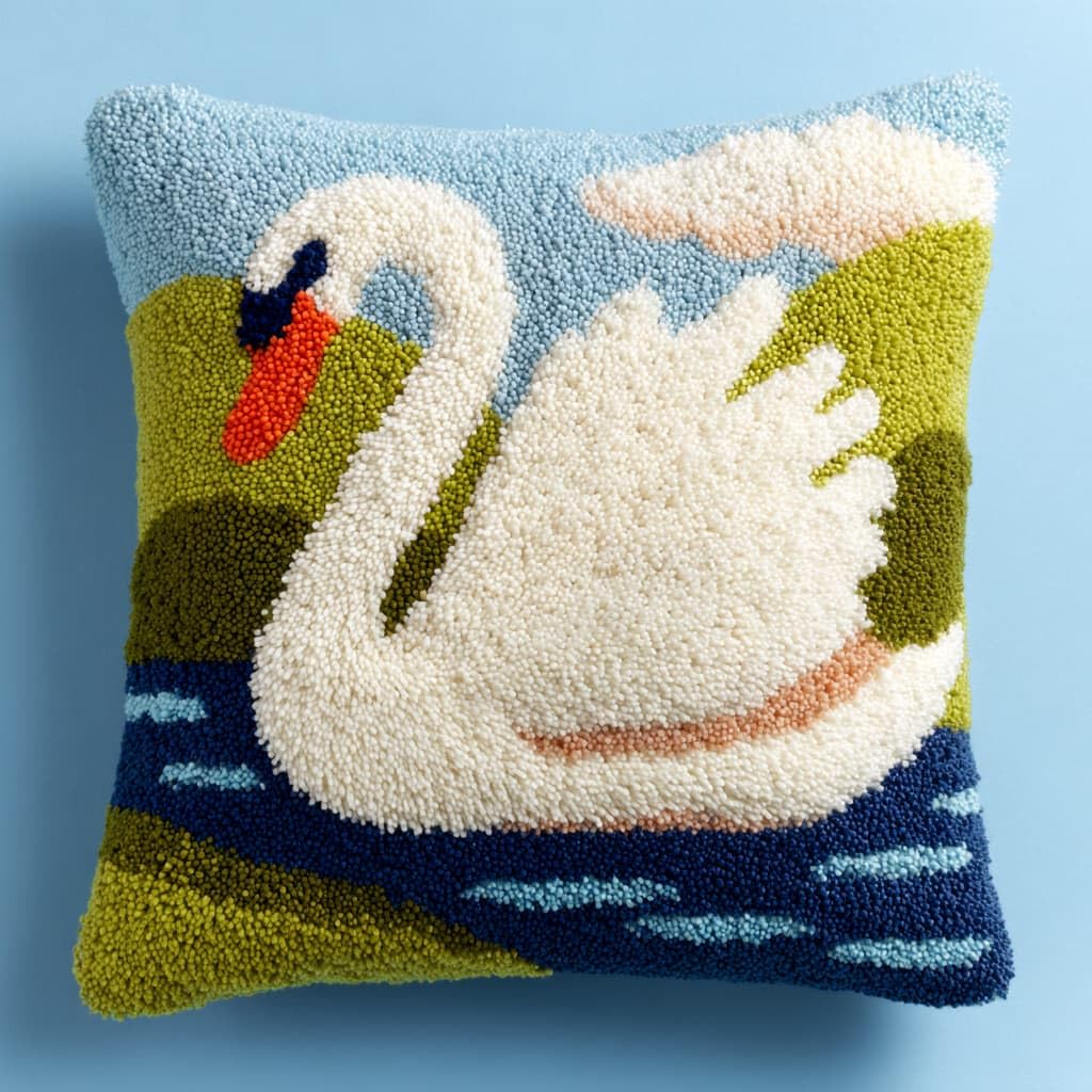 Taxpy DIY Latch Hook Cushion Kits, White Swan DIY Latch Hook Embroidery Set Crochet Needlework Crafts Pillow with Printed Canvas 43x43cm