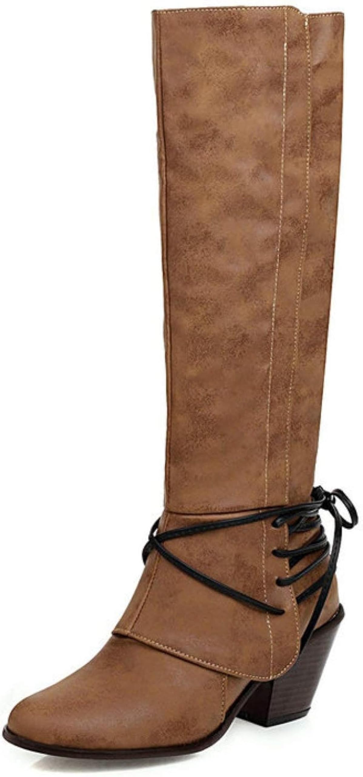 Womens Round Head Strap Over Knee PU Leather Block Heel Cool Boots