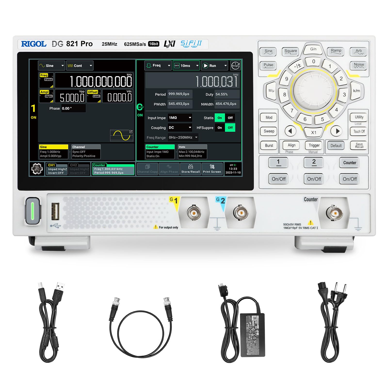 RIGOL Generatore di Segnale,DG821 Pro Generatore di Funzioni,25 MHz,1 Canale,Risoluzione a 16 bit,Schermo touchscreen HD da 7",Ultra-portatile,Perfetto per test sul campo e didattica in laboratorio
