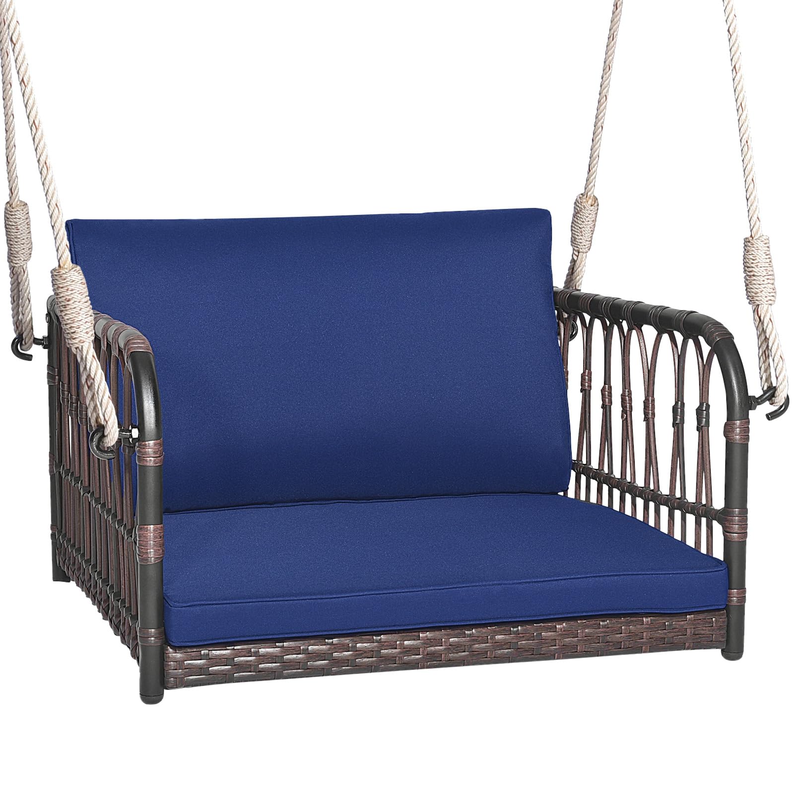 HAPPYGRILL Porch Swing Chair, Rattan Woven Hanging Seat with Hanging Ropes, Cushions Hooks, Wicker Hanging Swing Bench for Porch Lawn Garden Backyard