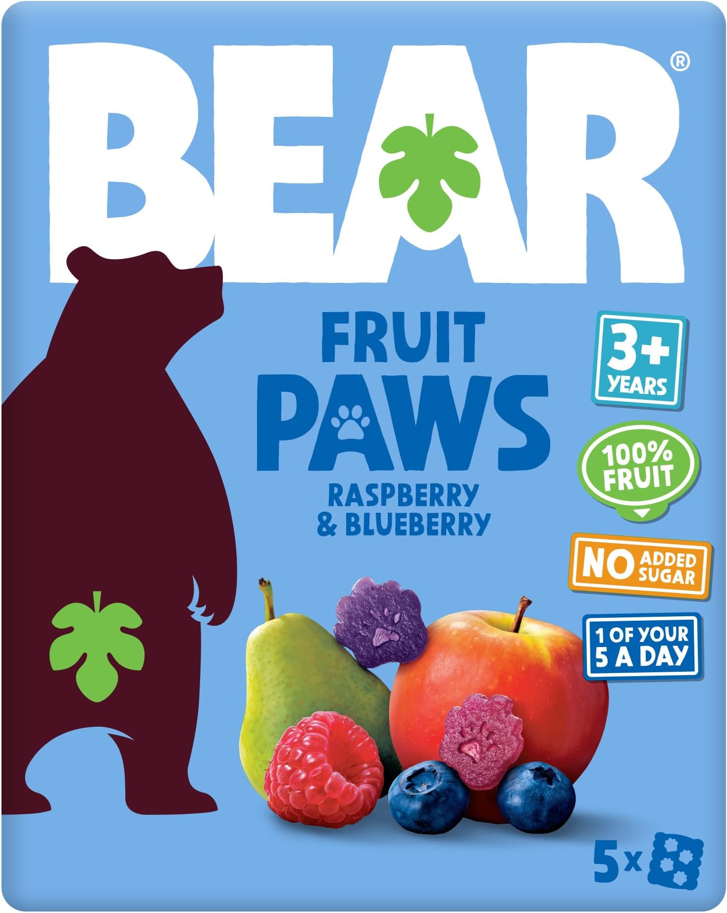 BEAR Raspberry & Blueberry Paws - Delicious Real Fruit - Suitable for 12+ Months - Healthy - 5 x 20g