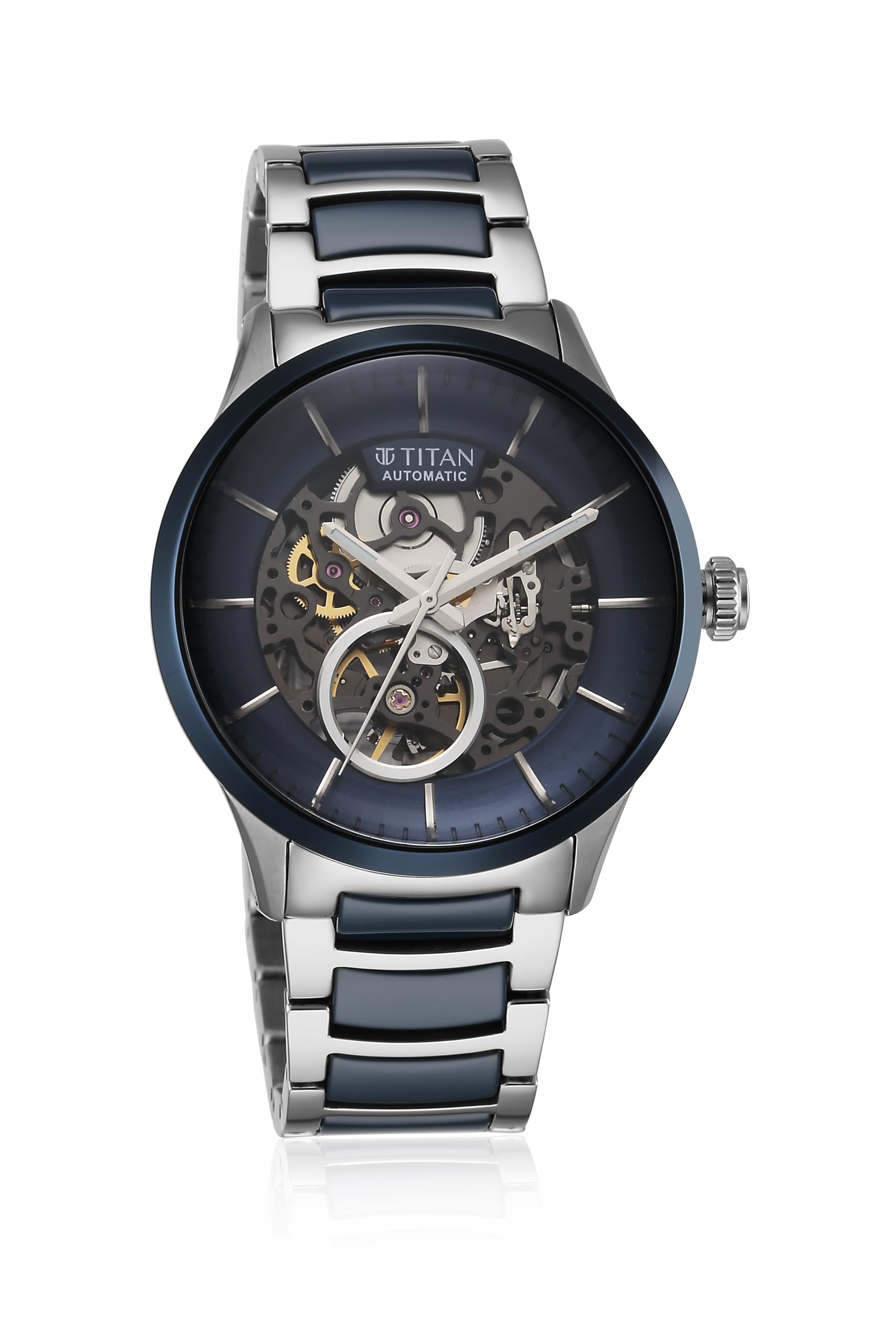 TitanTitan Ceramic Fusion Automatic Blue Dial Silver Dual-Toned Stainless Steel Bracelet Analog Watch for Men-90174KD02/NT90174KD02