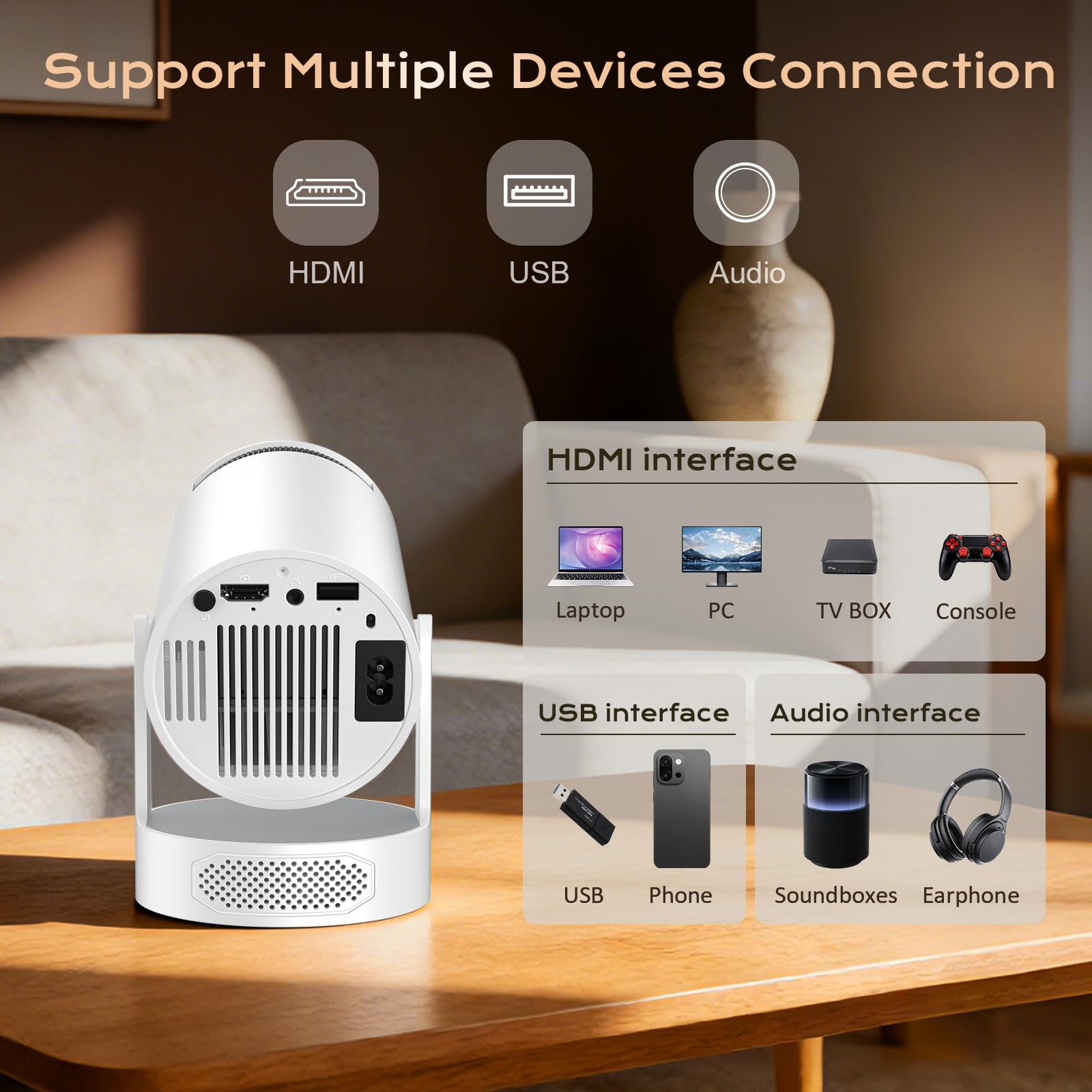 Proyector Portátil, Mini Proyector 4k 1080P Full HD Soporte 200 ANSI con WiFi 6 Bluetooth 5.4 Android 12.0, Altavoz Integrados 5W Auto Keystone Portable 270° Rotation para Cine en Casa Exterior