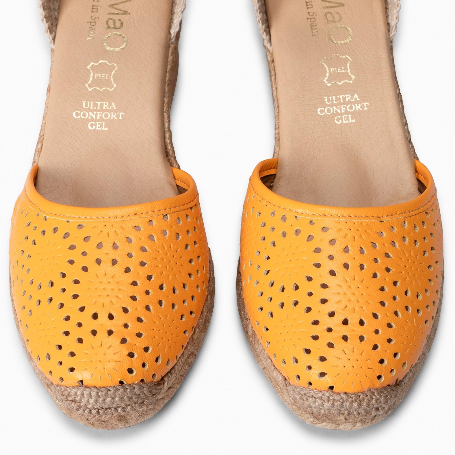 miMaO. Cuñas de esparto mujer con grabado floral y plantilla de gel. Artesanía Española