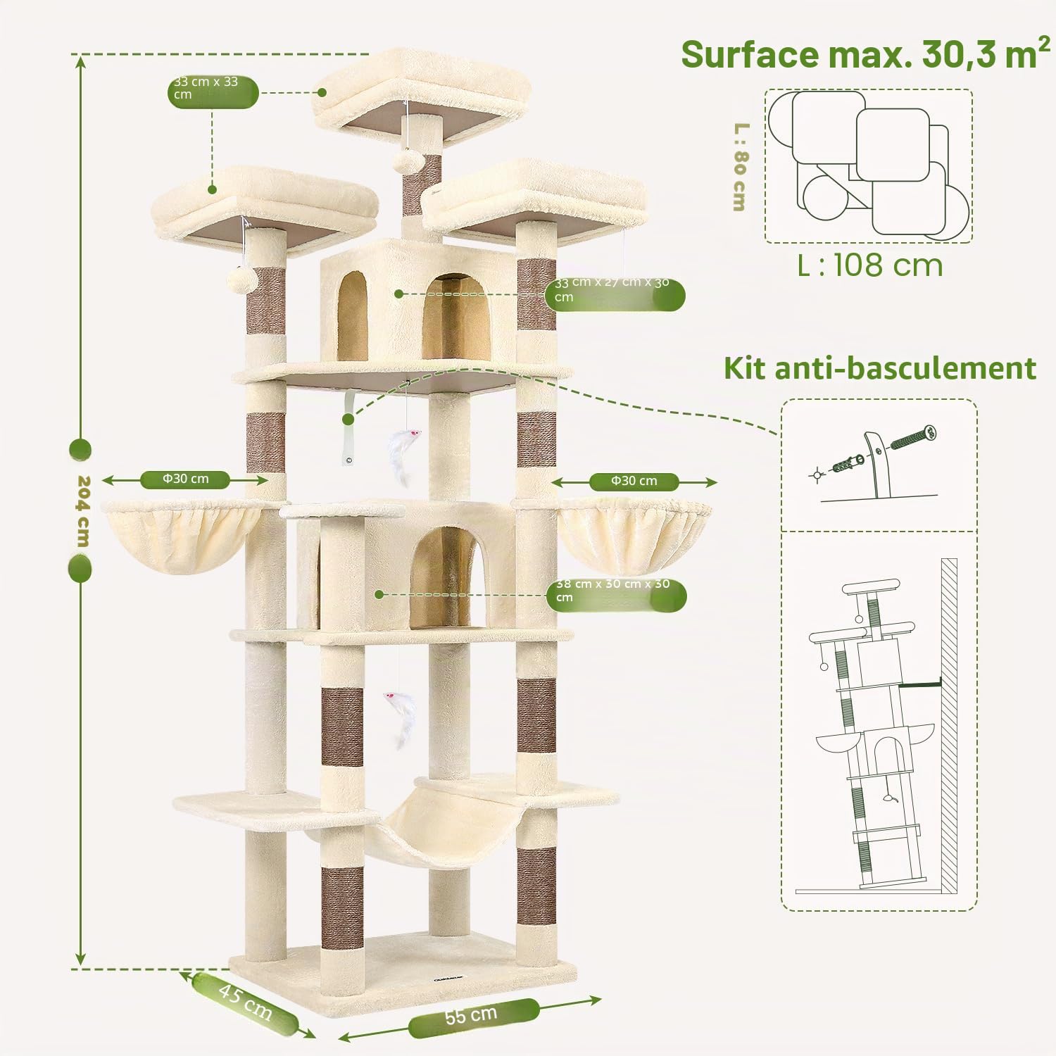 Globlazer Arbre à Chat Grand Beige, Arbres a Chats XXL Hauteur 204 cm avec 3 Perchoirs Rembourrés, 2 Niches, 2 Paniers, Hamac, Tour de Chat Stable pour 3-5 Chats Adulte Repos Jeu Gratter (F80, Beige)