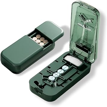 Precision Pill Cutter with Centering Guide - Multi-Angle Tablet Splitter for 1/2, 1/3 & 1/4 Cuts, Includes Pill Crusher & Storage Compartment Transparent Green