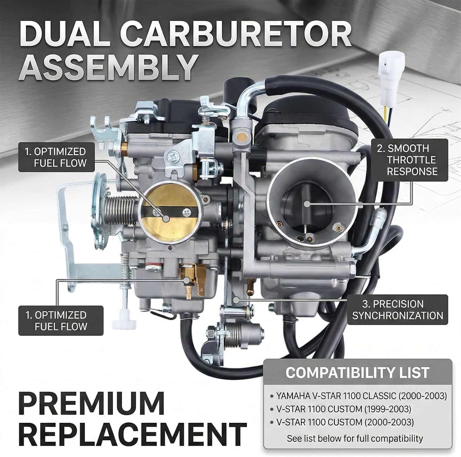 Carburetor For Yamaha V-Star 1100 Custom Classic XVS1100 1999-2003 XVS1100A 2000-2003 Midnight Custom XVS1100 2005 Silverado XVS1100AT 2003-2005 Replaces 5EL-14900-20-00 5EL-14900-30-00