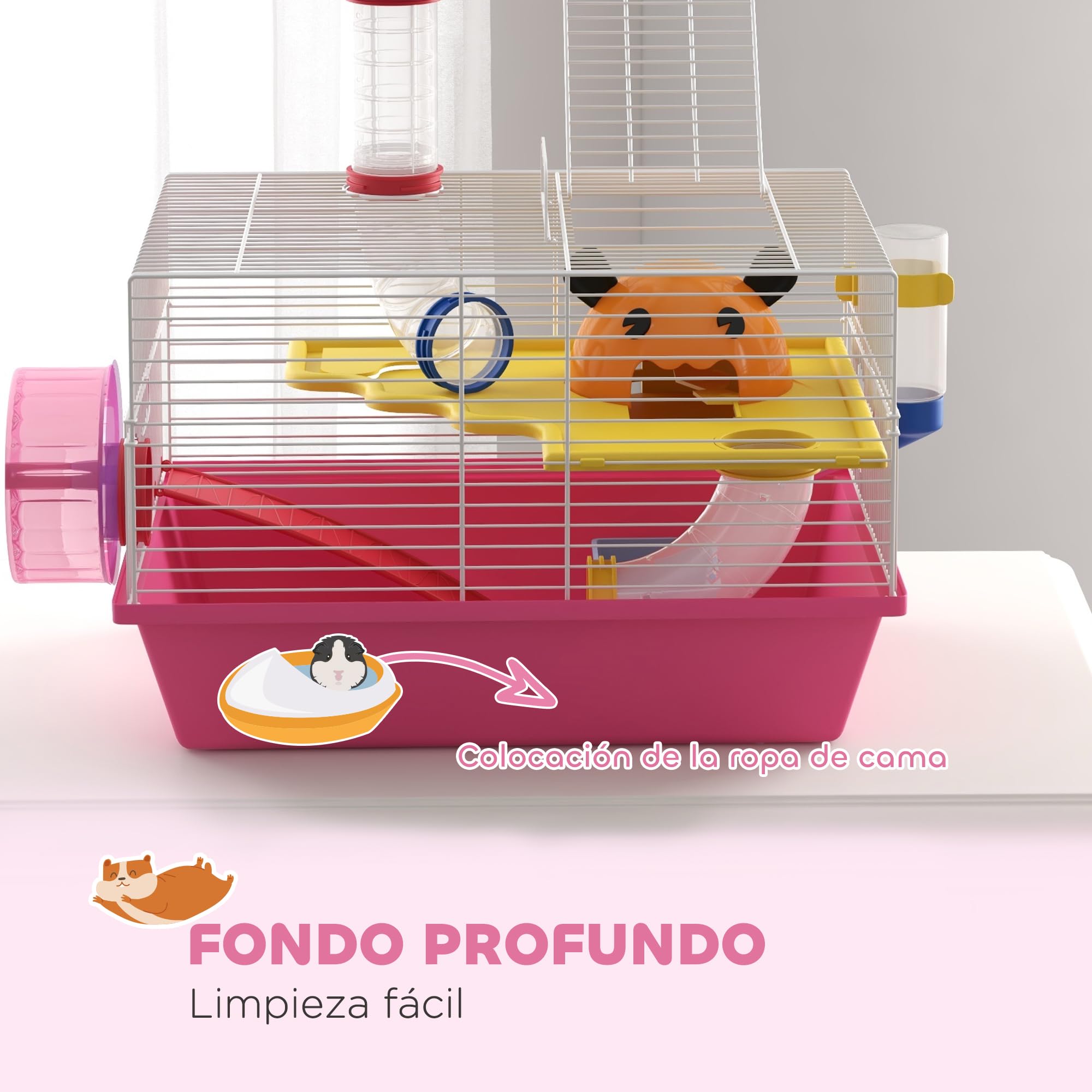 PawHut Jaula para Hámster Casa para Animales Pequeños con Rueda de Ejercicio Casita Cuenco Bebedero Torre de Observación 34x27x25 cm Rosa