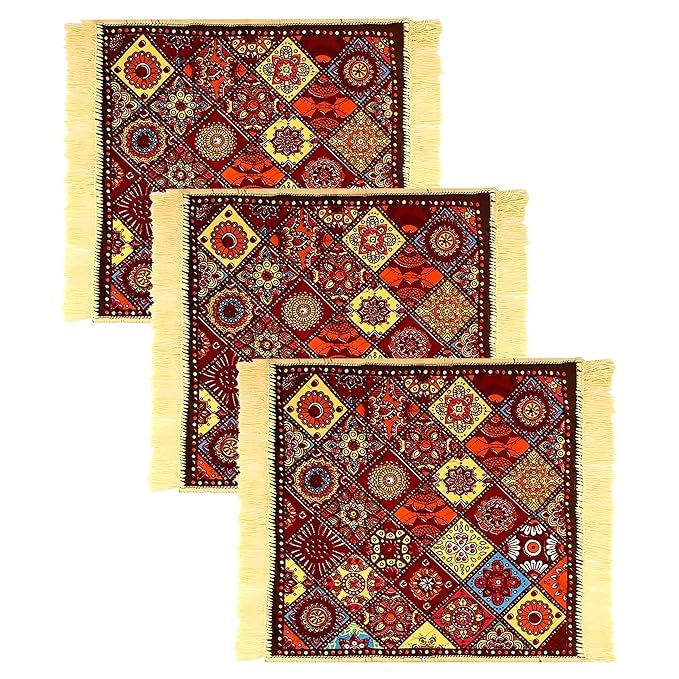 Bunaii Velvet Prayer Mat - Meditation Carpet, Pooja Aasan, Rangoli Square, Traditional - Small, Pack of 3, Multicolor-image-22