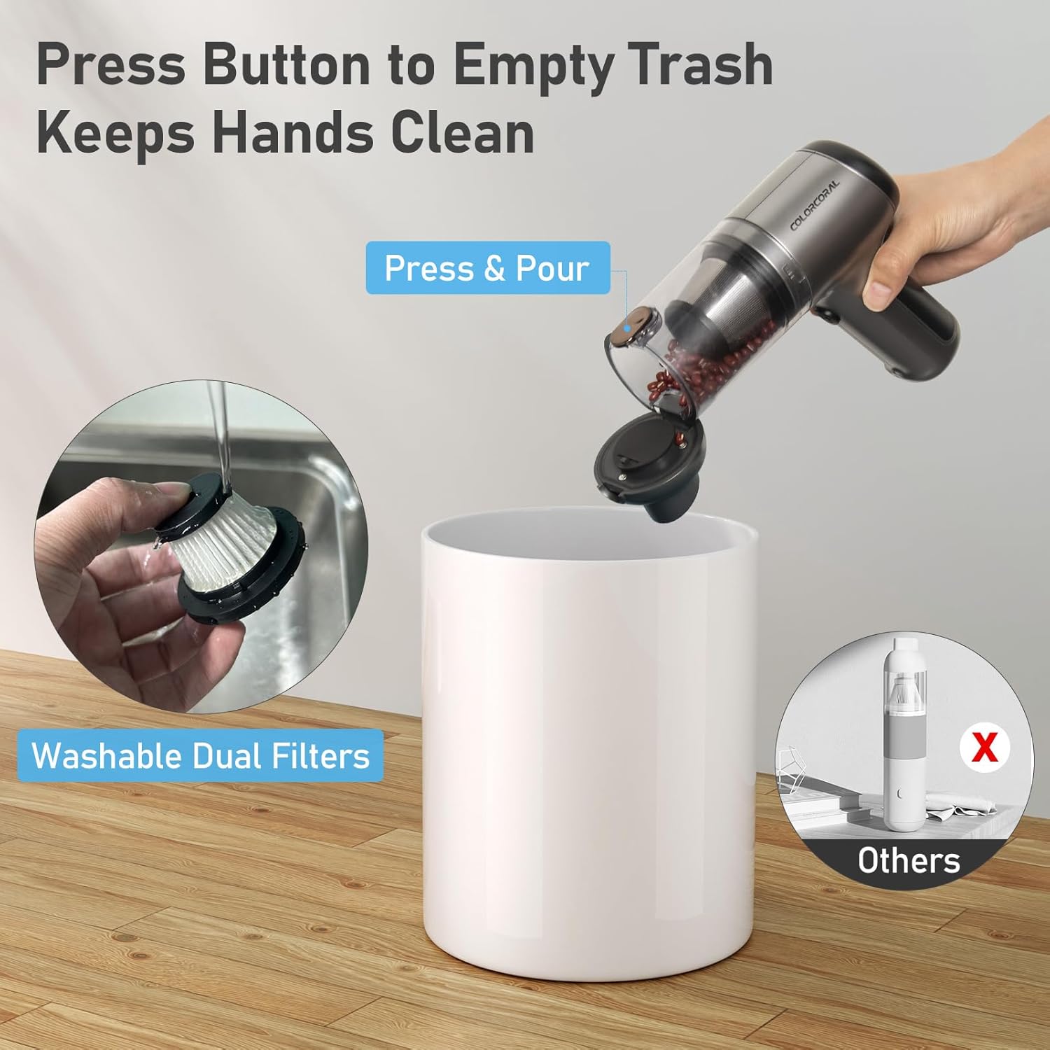 ColorCoral Portable Car Vacuum, Cordless Handheld Vacuum Cleaner with 2Pack Cleaning Gel, Air Duster Computer Vacuum Cordless Rechargeable for Car Interior, Keyboard Cleaner, Home Cleaning