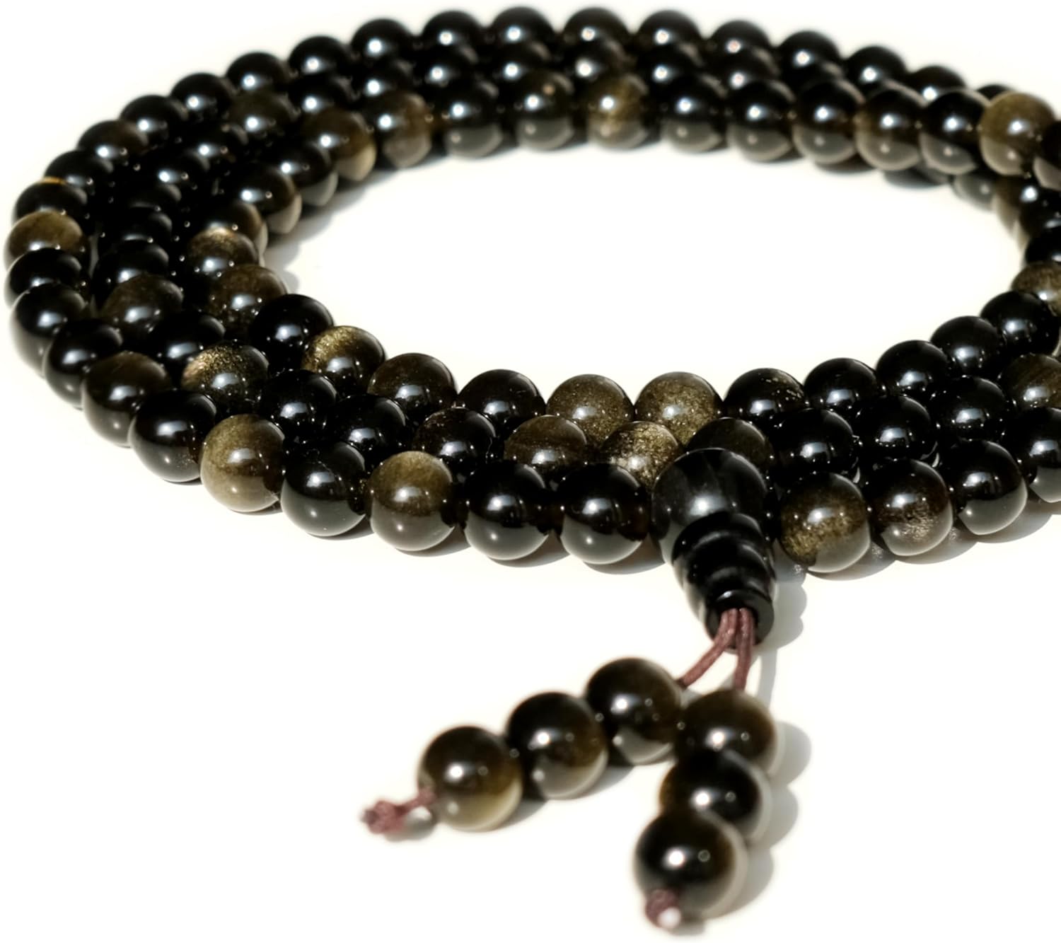 Tibetan Natural Black Obsidian Mala Beads 108, Buddhist Prayer Beads Japamala, Protection Crystal Beaded Tourmaline Bracelets, Meditation Golden Sheen Gemstone Necklace for Women Men - Image 2
