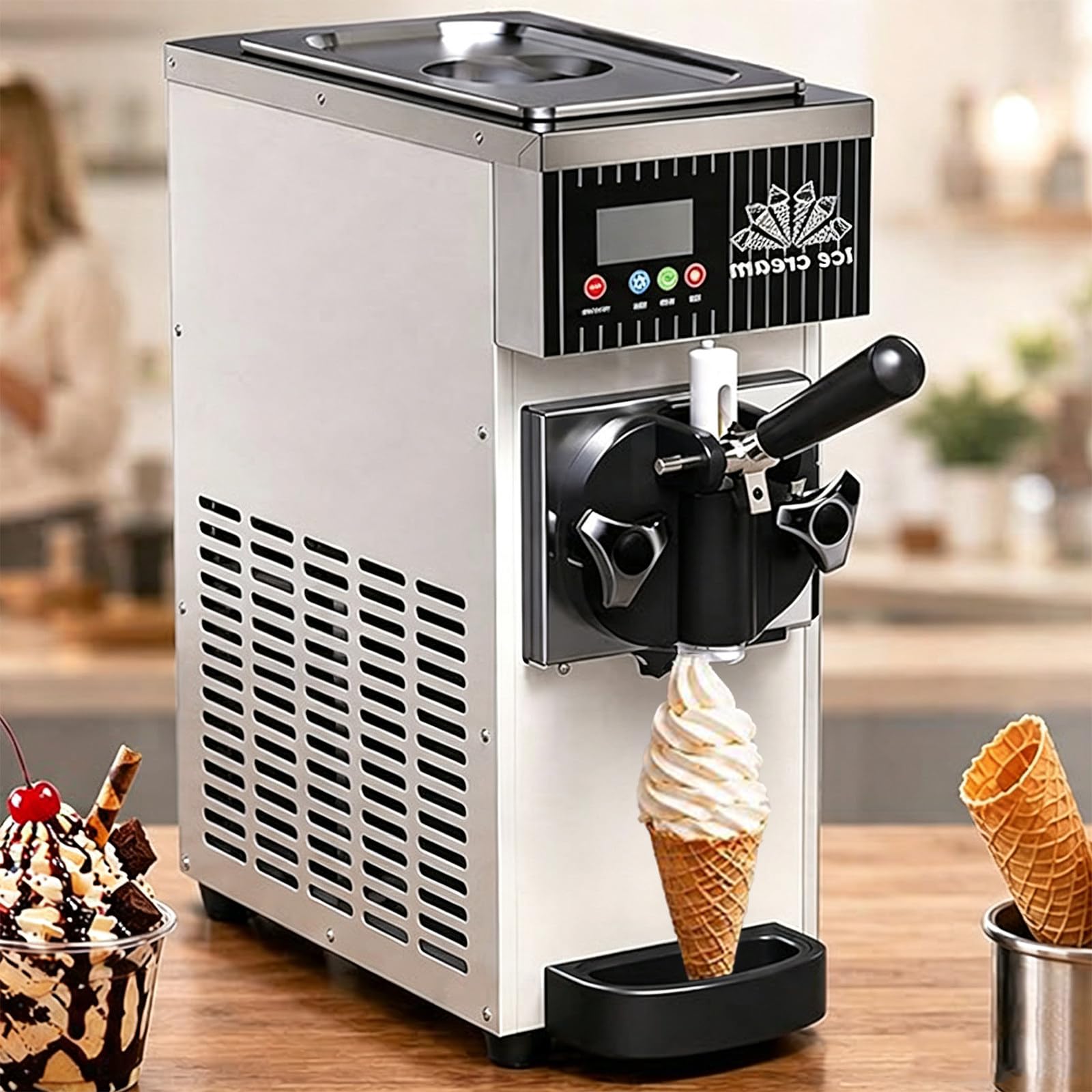 BITYCOW 450W Single Flavor Soft Serve Ice Cream Maker, Countertop Design, LCD Control Panel, Stainless Steel, 4-5L/H Output for Home & Commercial Use White