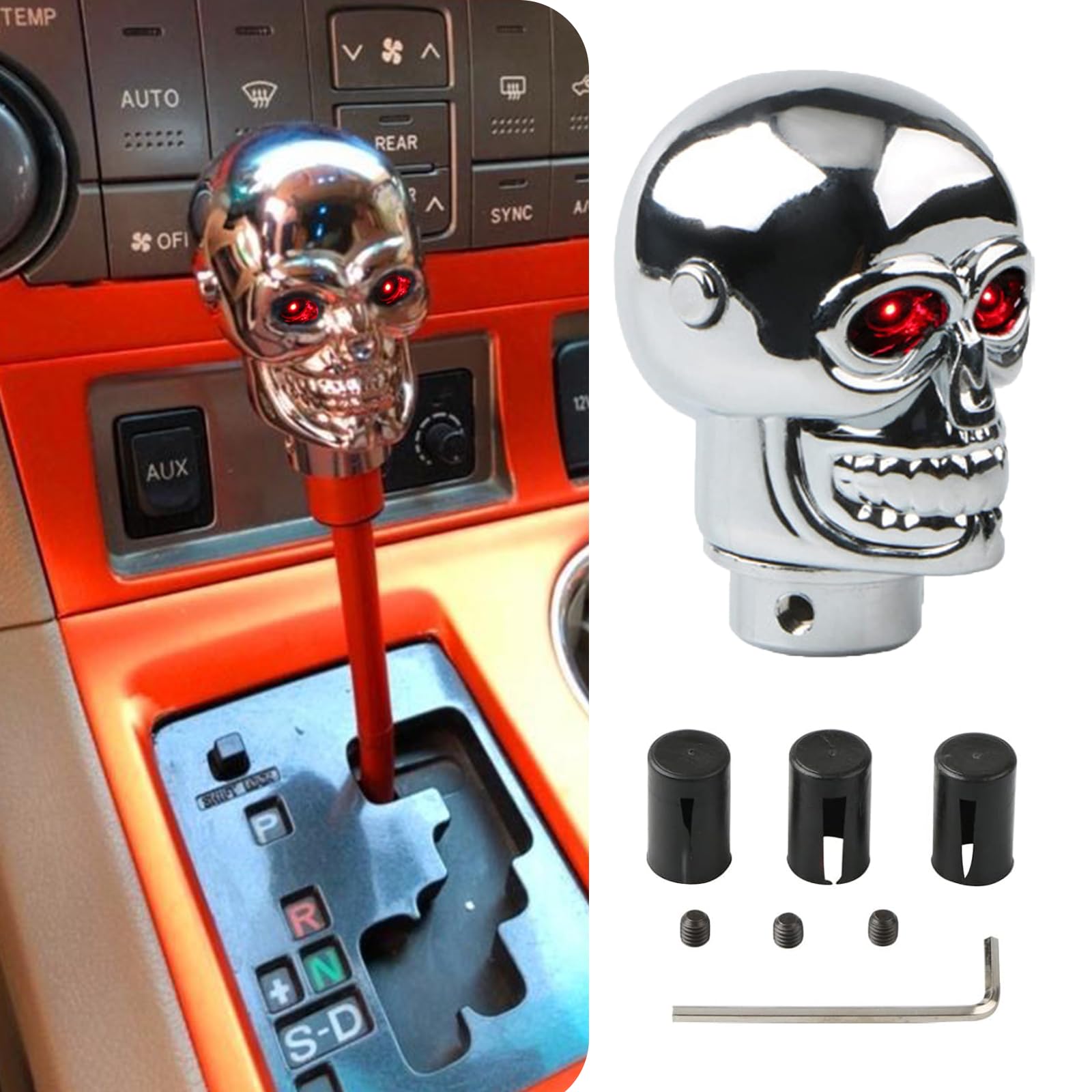 1 PC Car Modified Gear Shift Head, 1.68" x 2.67" Alloy Cool 3D Skull Shape Shift Knob with LED Light, Unique Personalized Accessories, Suitable for Most Cars, Trucks, SUV (Silver & Red)