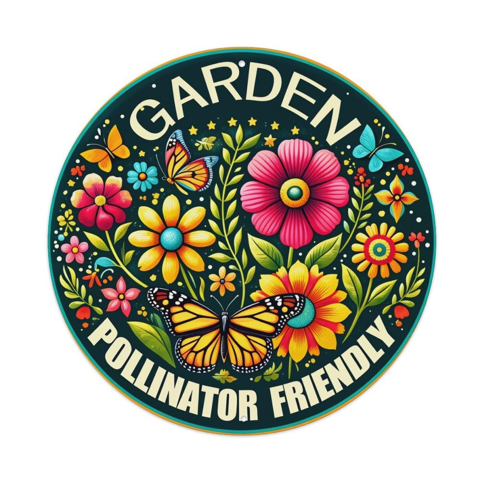 Floral Butterflies Garden Pollinator Friendly Round Tin Sign Vintage Metal Poster, Home Bar Garage Man Cave Cafe Indoor & Outdoor Wall Decoration 8x8Inches
