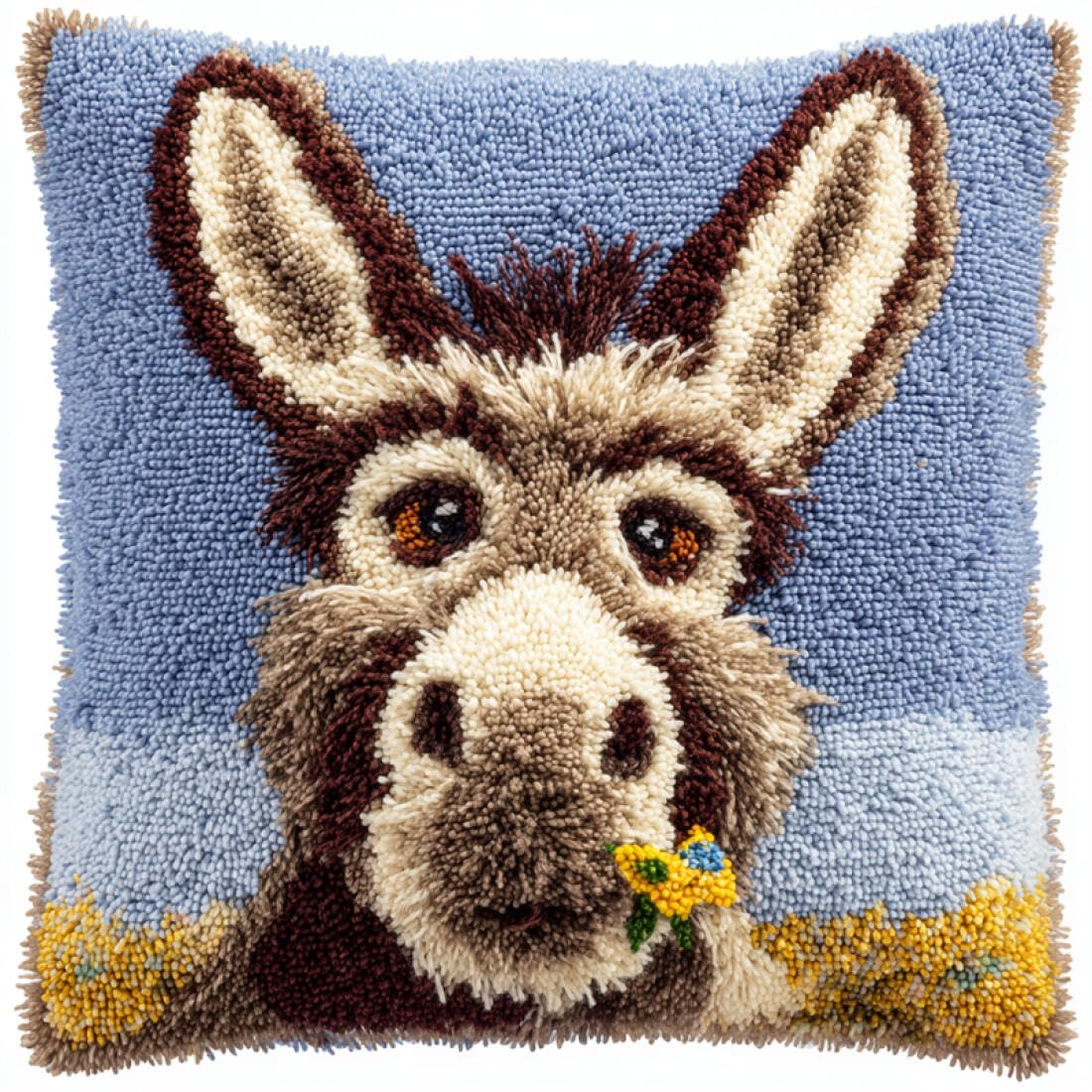 Kitquiver Animal DIY Latch Hook Kit Cartoon Donkey DIY Latch Hook Kits Pillow Needlepoint Cushion Kit for Home Décor Needlework Set for Adult Beginners 17x17In