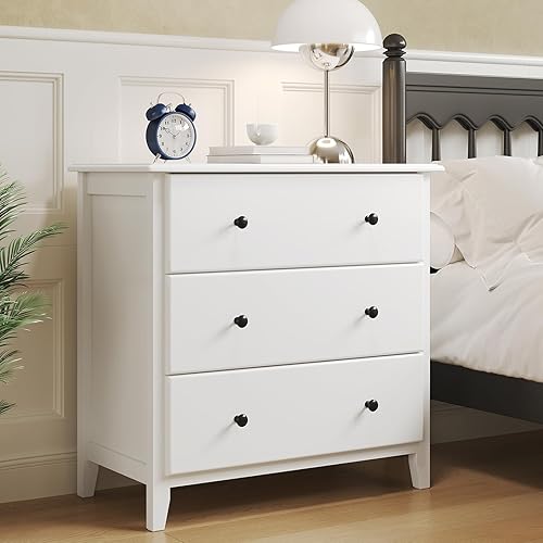 Hasuit White Dresser for Bedroom, 27.5''W Dresser with 3 Drawers, Modern Chest of Drawers, Large Capacity Solid Wood Dresser, Storage Cabinet for Bedroom, Hallway (Modern White)