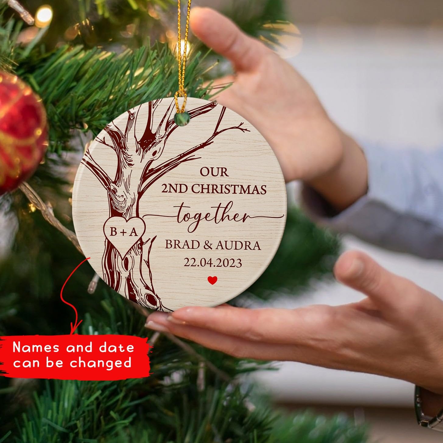 Our Second Christmas Together Ceramic Ornament 2025, Personalized Names & Date Married Anniversary Christmas Ornament Gift, Our 2nd Xmas Together Ornament for Couple Anniversary, Custom Ornament