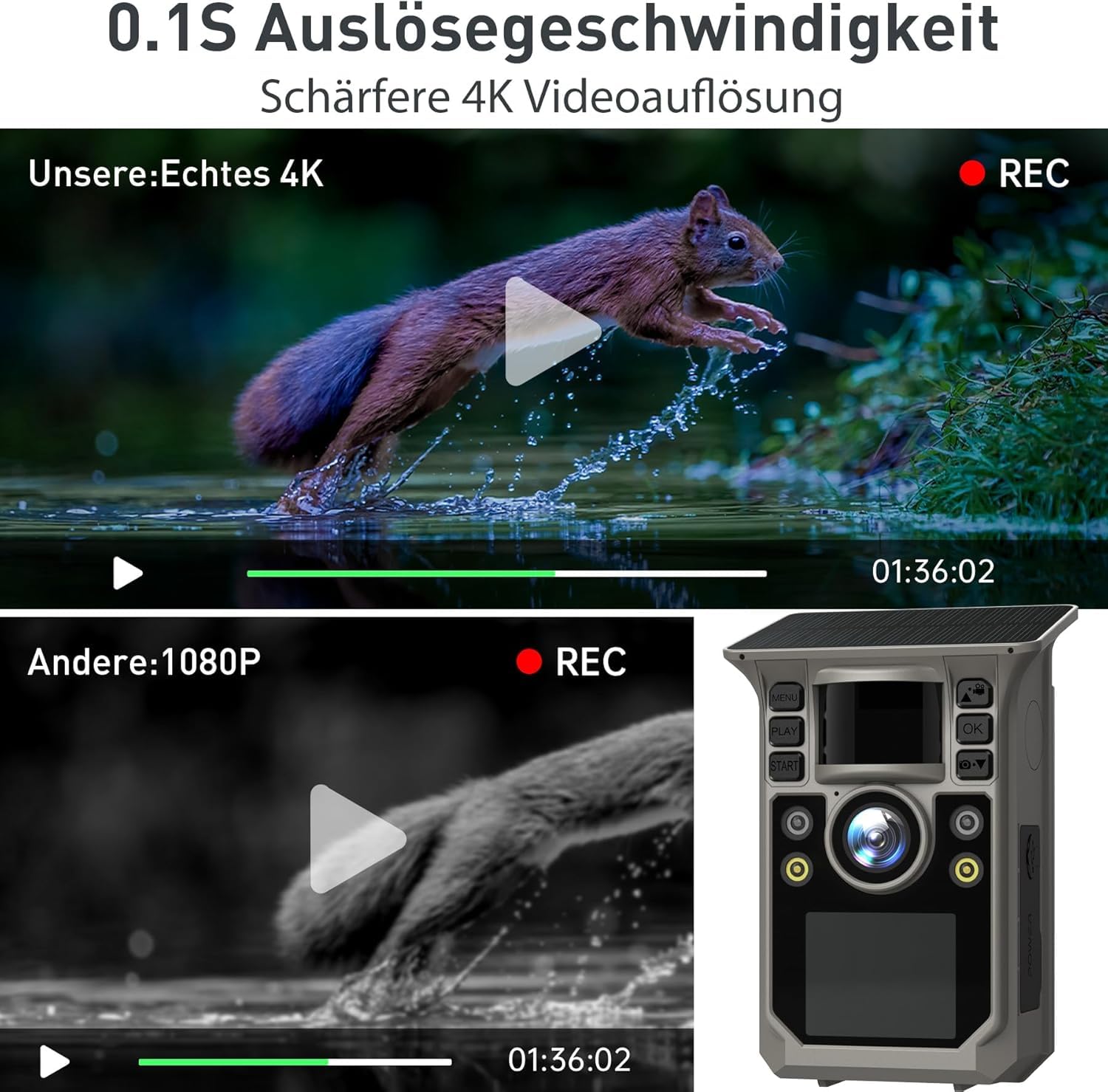 Wildkamera mit Handyübertragung APP, Solar WLAN 4K HD Video 64MP Eingebaute 7500mAh Wiederaufladbare Batterie, Vollfarbige Nachtsicht, 32GB Speicherkarte, IP67 Wasserdicht, 130° Weitwinkel