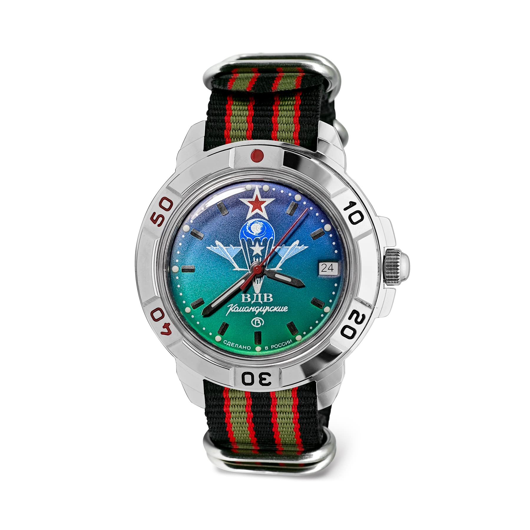 Vostok| VDV Komandirskie Military Commander Airborne Forces Mechanical 40mm Wrist Watch | Model 431021 | WR 20m | Blur-Green Dial Mechanical Watch | Luminous dots, 431021 multi, Military