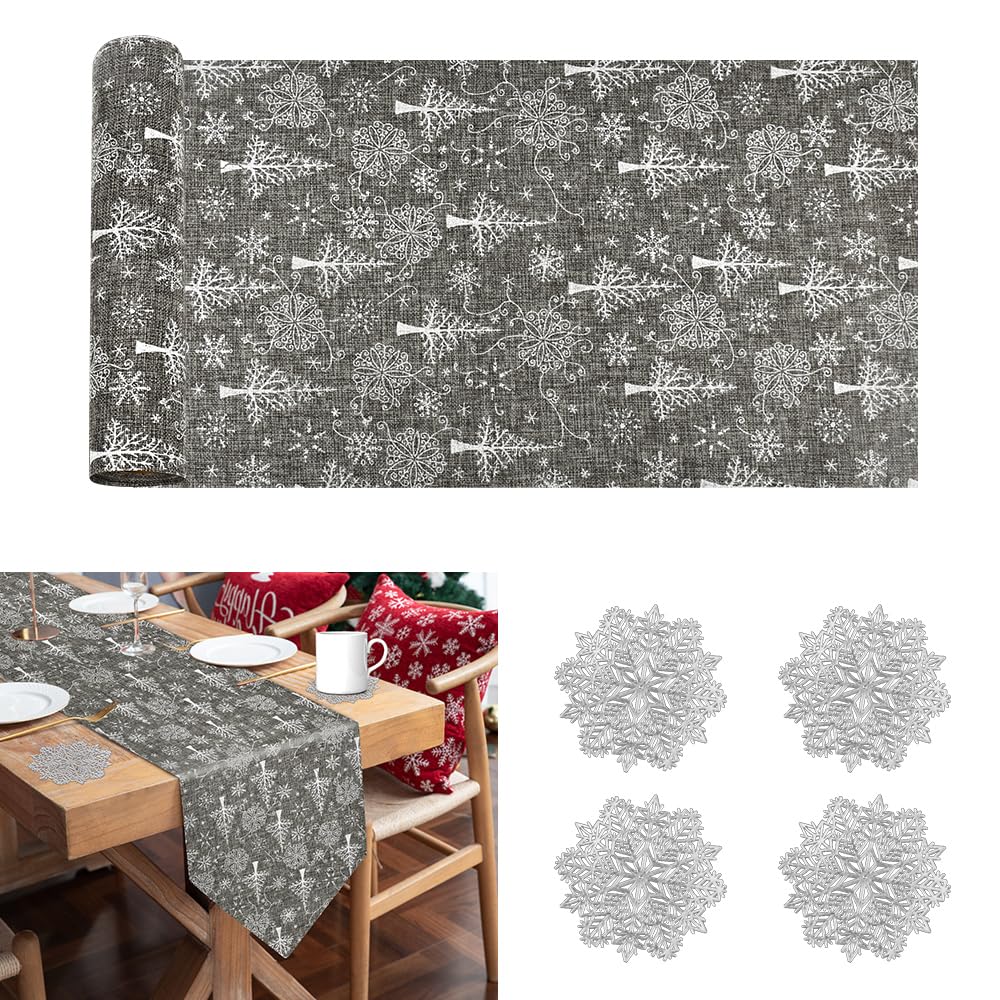 ADERTOS Camino de Mesa de Navidad, 28*275cm Mantel de Navidad Impresión, Camino de Mesa Navideño, Camino Mesa Copo de Nieve con 4 Posavasos para Decoración de Mesa Navideña