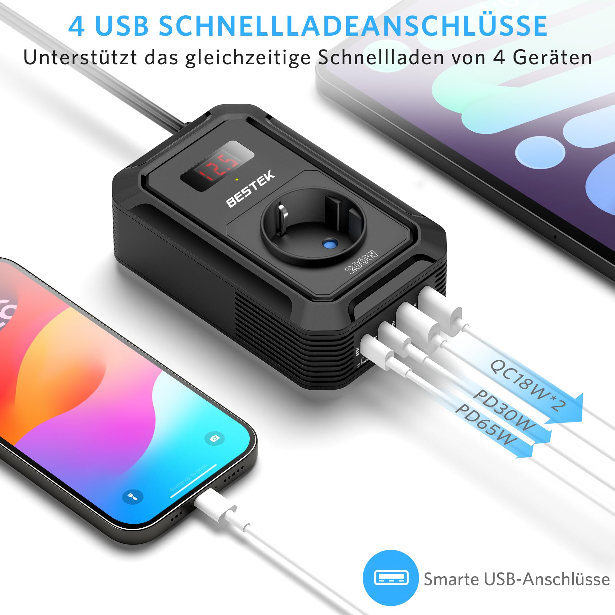 BESTEK 200W Spannungswandler 12 V 230 V 240 V,Wechselrichter 12v auf 230v mit 2 USB QC18-W und 2 USB-C (65 W und 30 W)&1 AC Anschlüssen Zigarettenanzünderstecker,von Laptops,iPhones,und mehr,Schwar