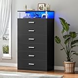 AOGLLATI Black Tall Dresser for Bedroom with Column Design & Led Lights, 6 Drawers Wood Led Dresser for Bedroom,Black